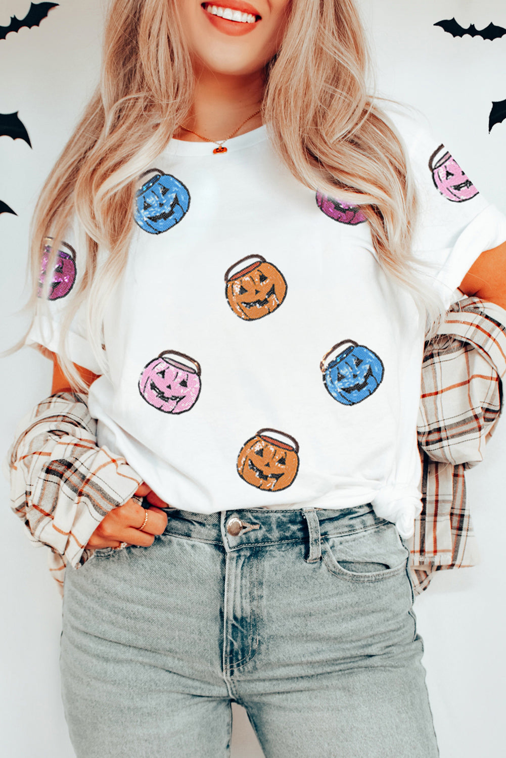 White Sequin Pumpkin Face Patched Crew Neck Holiday T Shirt Graphic Tees 6bc0658ff021924f