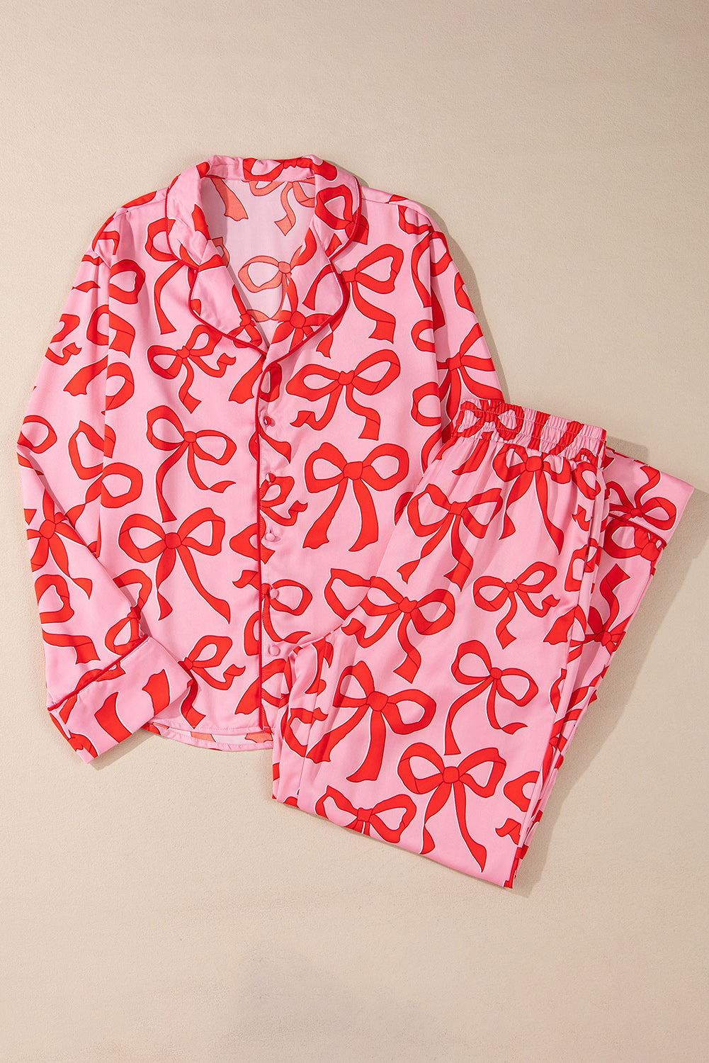 Pink Allover Bow Print Button Up and Loose Pants Pajama Set Loungewear Set 6bca2e80f7ade2ec