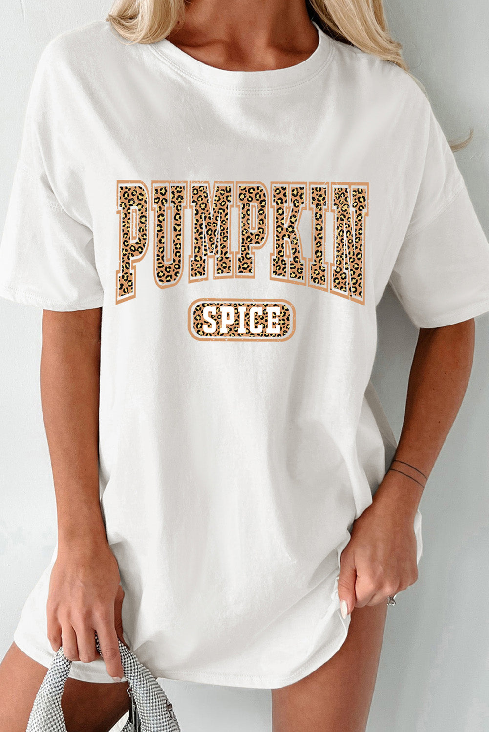 White PUMPKIN SPICE Leopard Heat Transfer Printing Graphic Tunic T Shirt Graphic Tees 6c2e1a0d536477ba