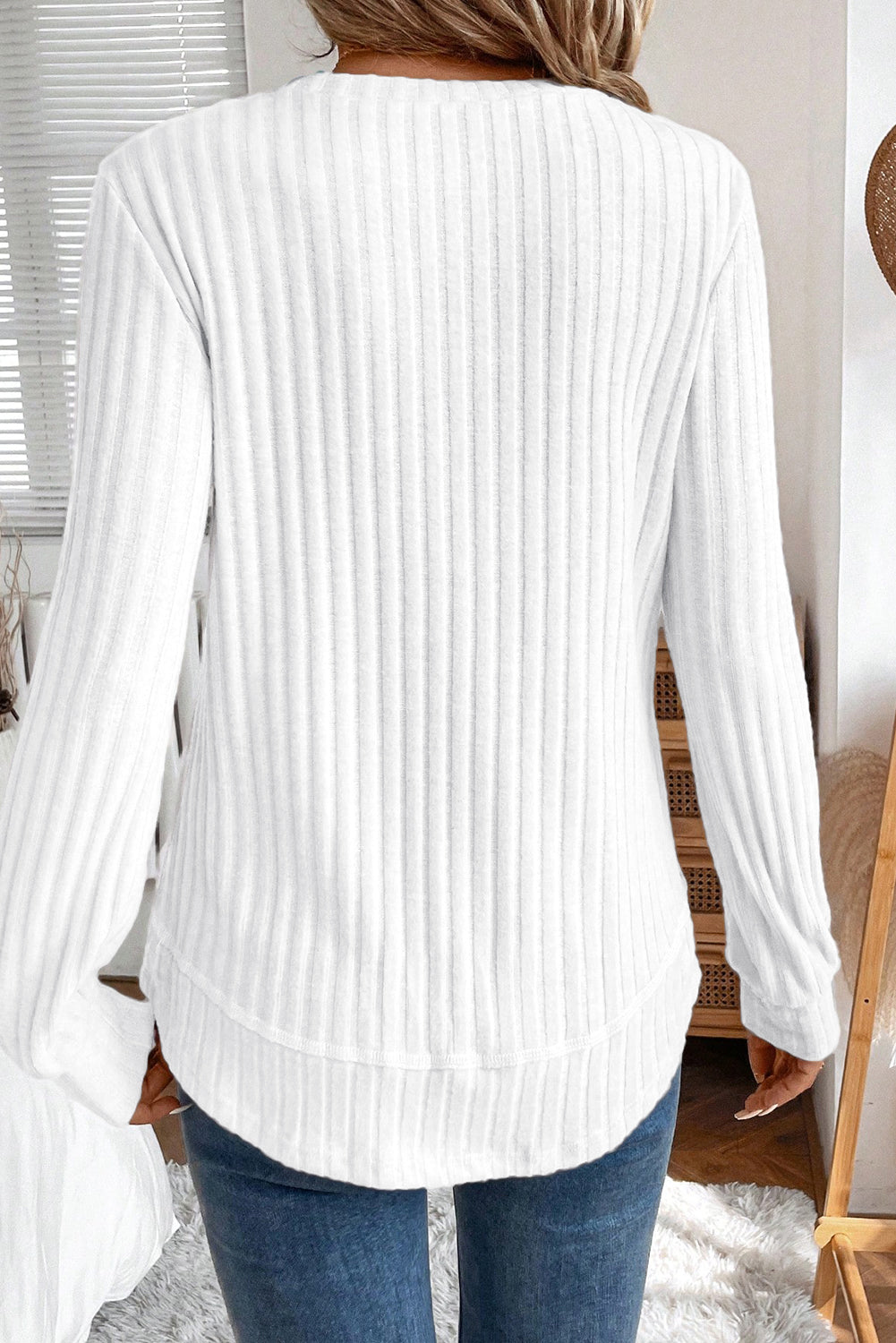 White Ribbed Texture Round Neck Long Sleeve Rounded Hem Top Long Sleeve Tops 6c637eb679d3d2c9