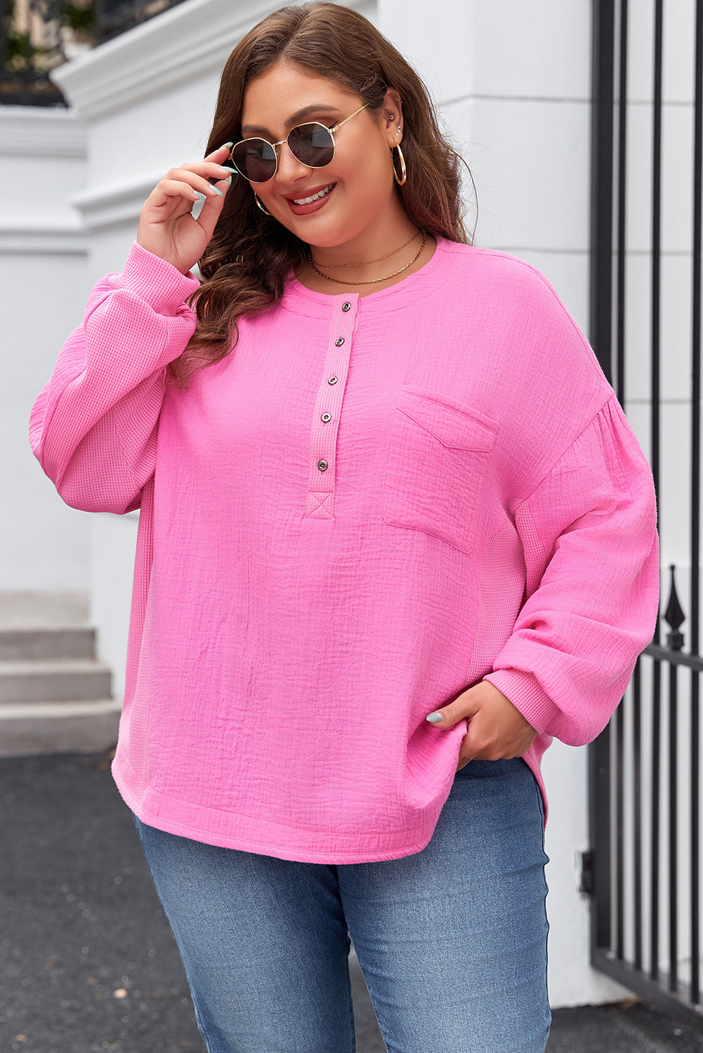 Bonbon Chest Pocket Crinkle Drop Sleeve Plus Size Henley Top Plus Size Tops 6c691c07f12de3b8