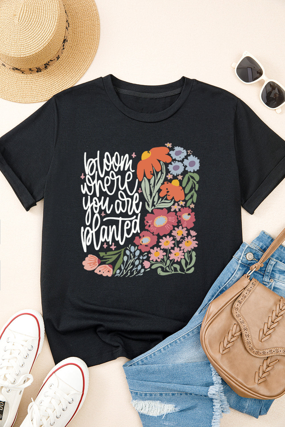 Black bloom where you are planted Floral Heat Transfer Printing T Shirt Graphic Tees 6ca3a14bf31dedf9