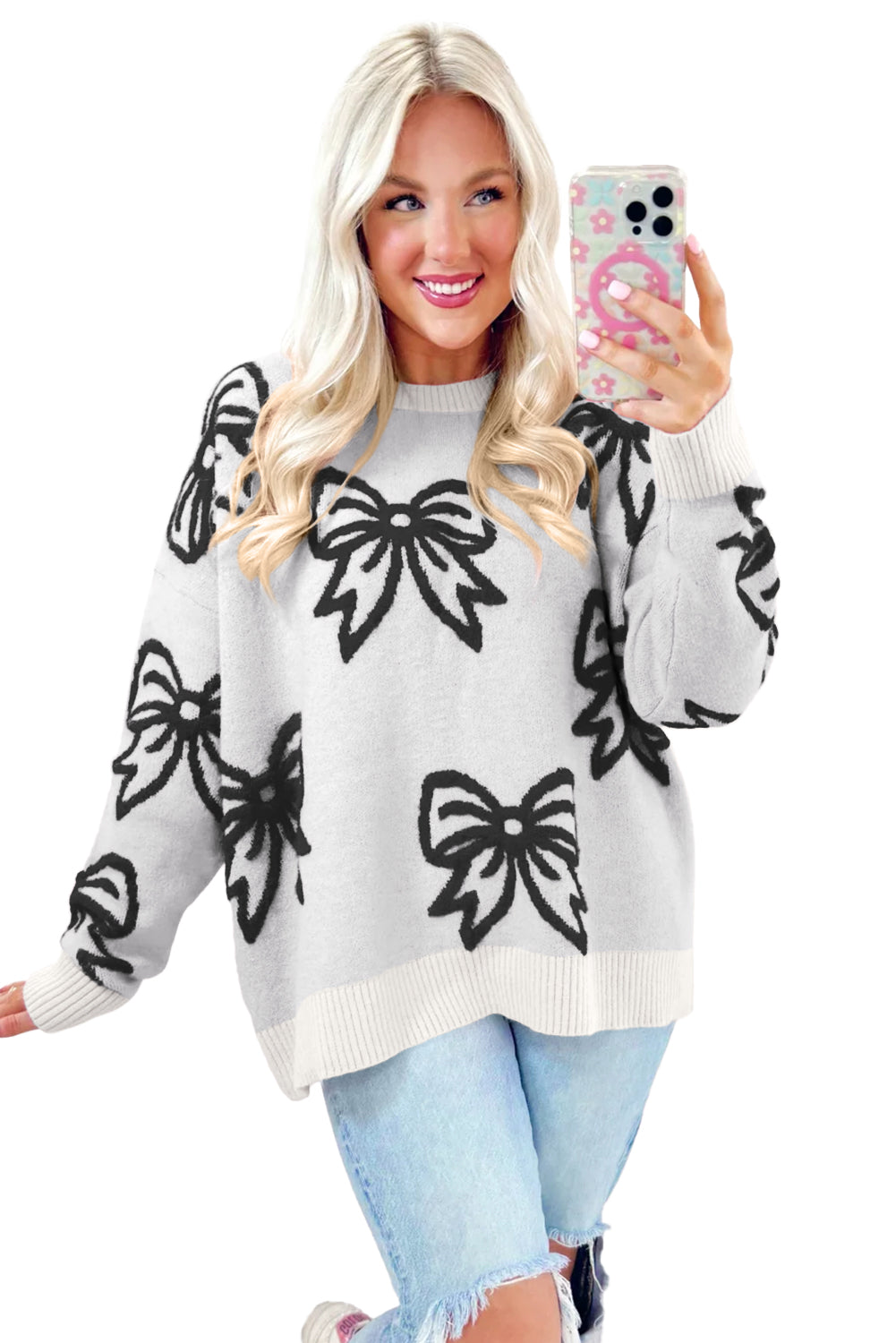 Pink Bow Pattern Drop Sleeve Loose Sweater Sweaters 6ccdecdea82d152b