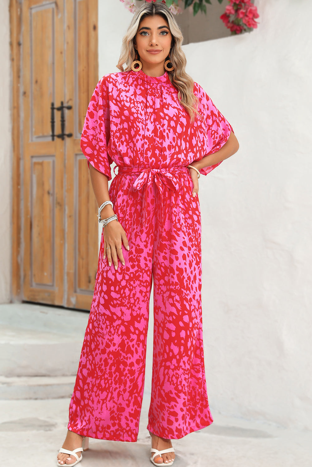 Rose Leopard Print Tulip Sleeve Belted Wide Leg Jumpsuit Jumpsuits 6d13f48ffb187476