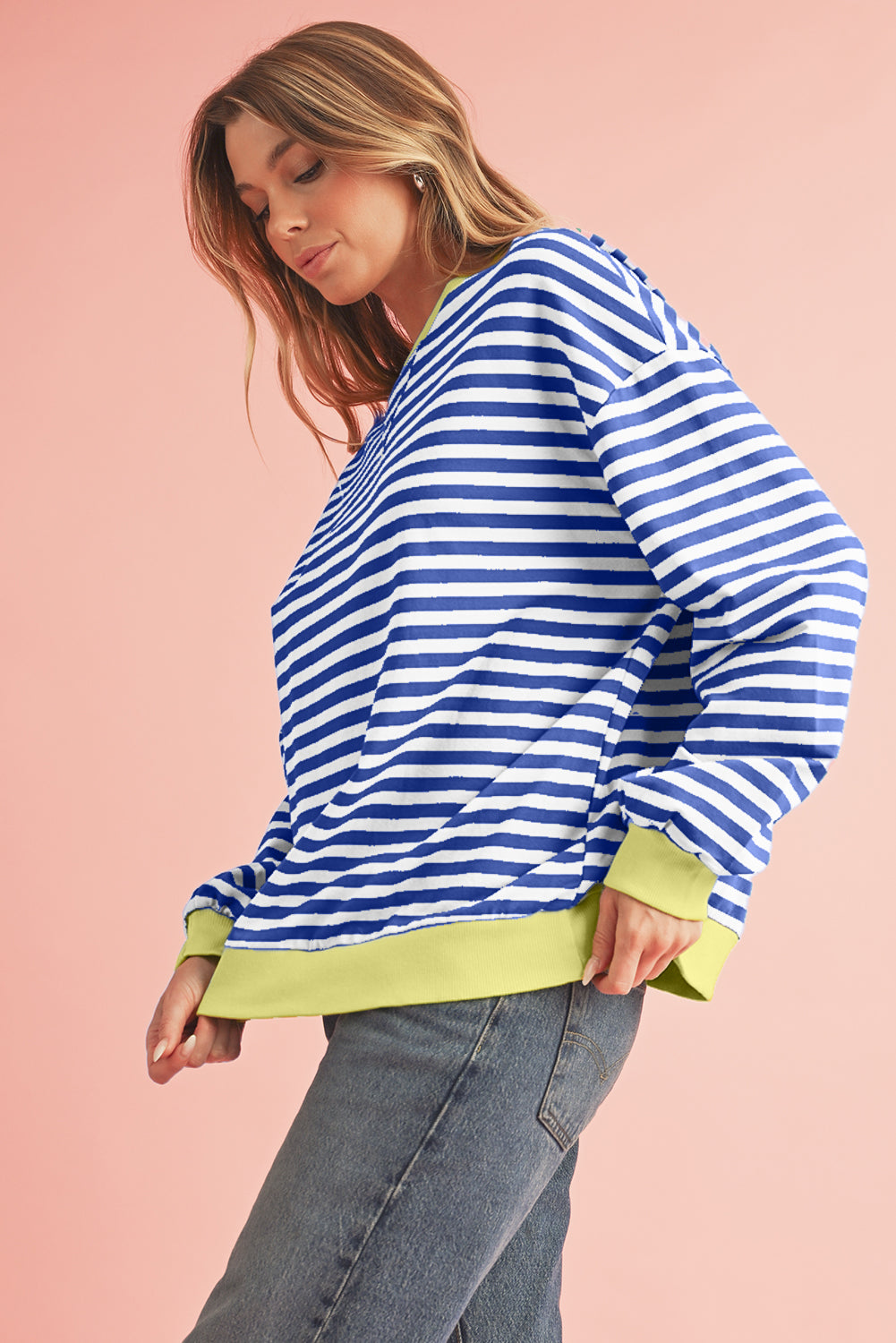 Blue Stripe Contrast Edge Cross Seam Oversized Pullover Sweatshirts & Hoodies 6d765f8a07922f6b