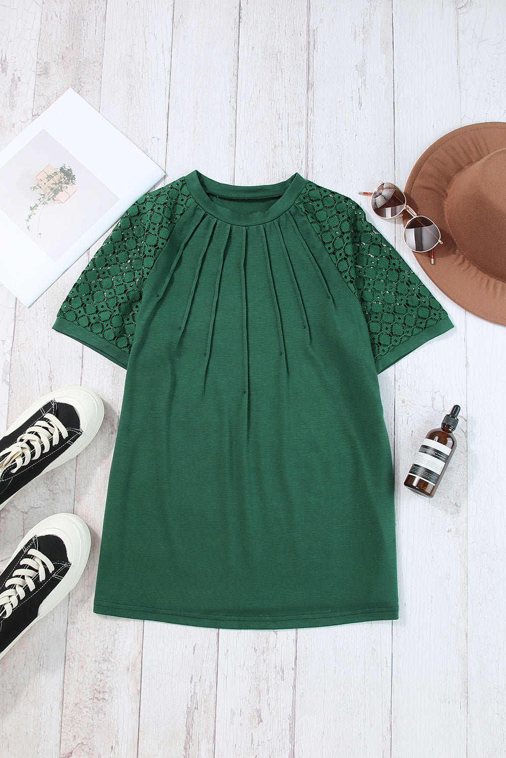 Blackish Green Seamed Detail Contrast Lace Raglan Sleeve Tee T Shirts 6d797a8dcd8b6195