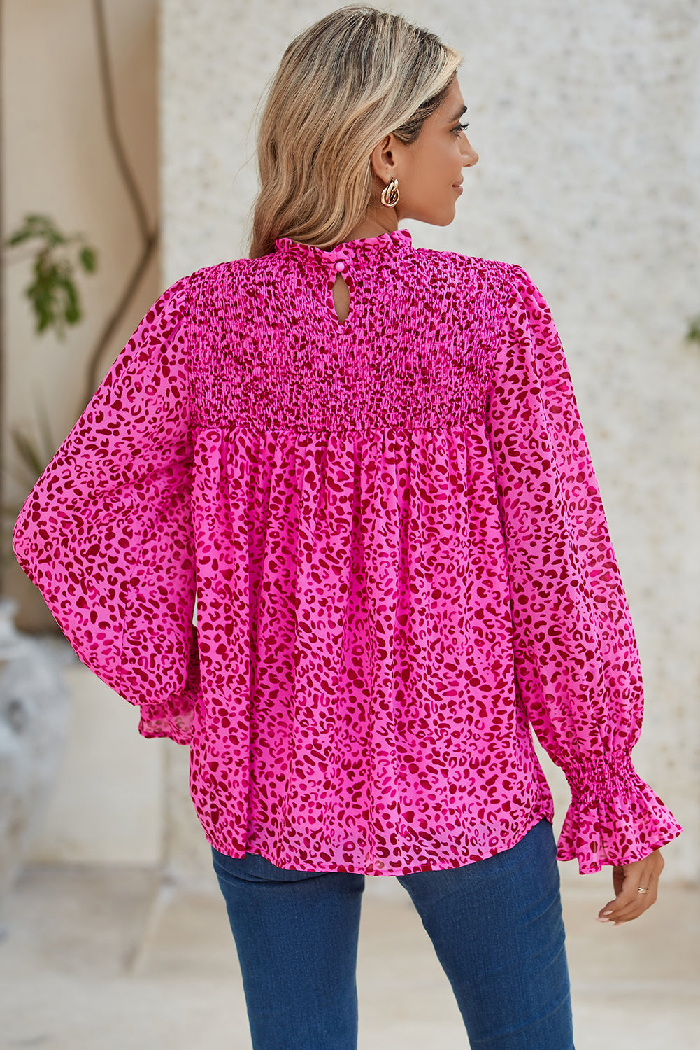 Rose Leopard Shirred Puff Sleeve Flowy Blouse Blouses 6da6c4f77f882e29