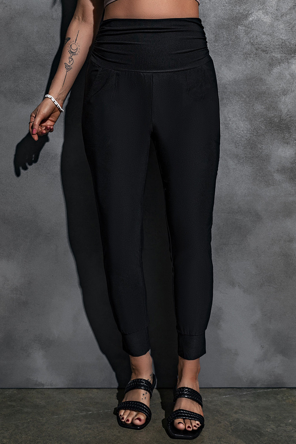 Black Pleated Casual Pocket High Waisted Leggings Leggings 6dafd1a405e682c8