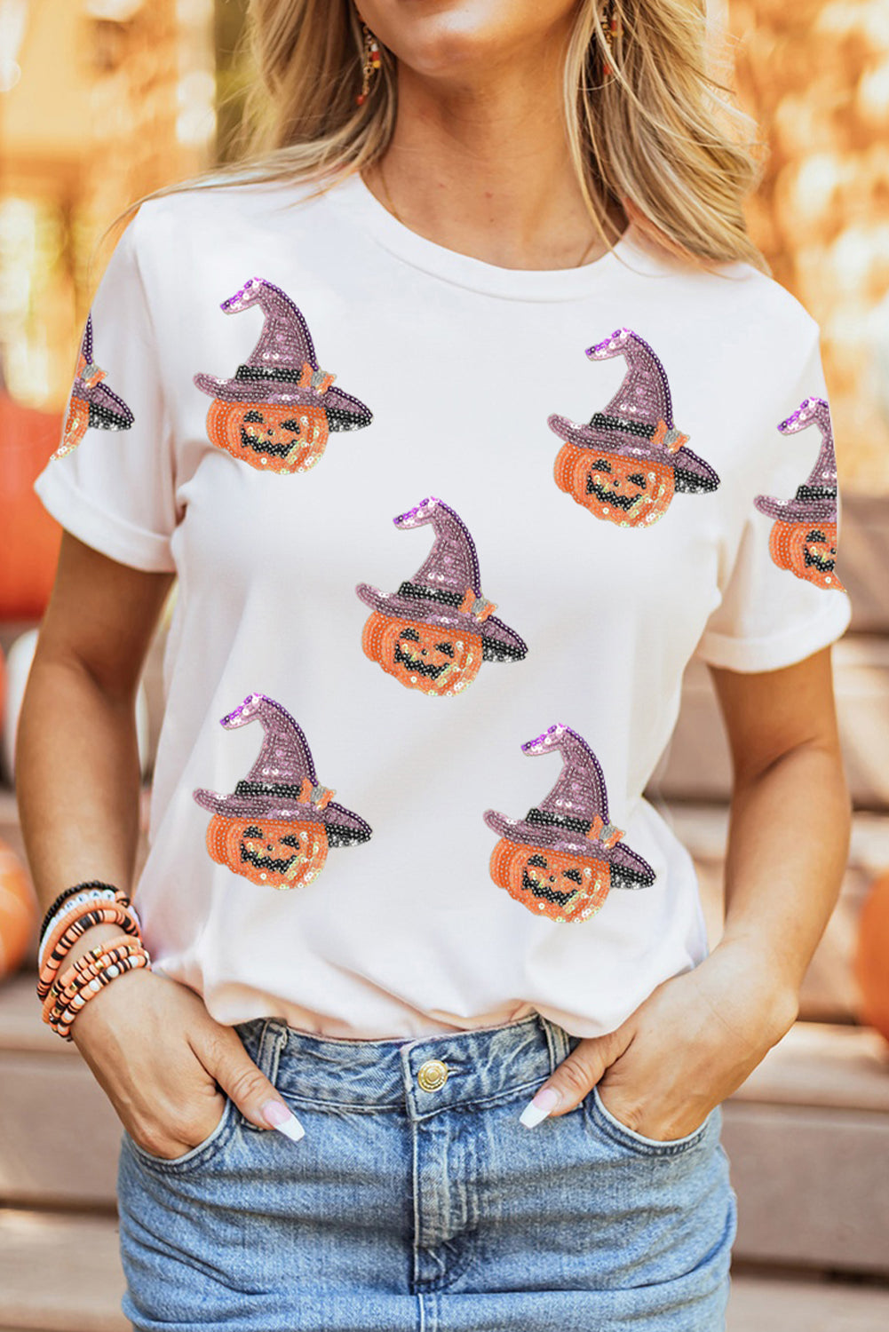 White Pumpkin Witch Sequins Patch Halloween Graphic Tee Graphic Tees 6dd24298db79db8a
