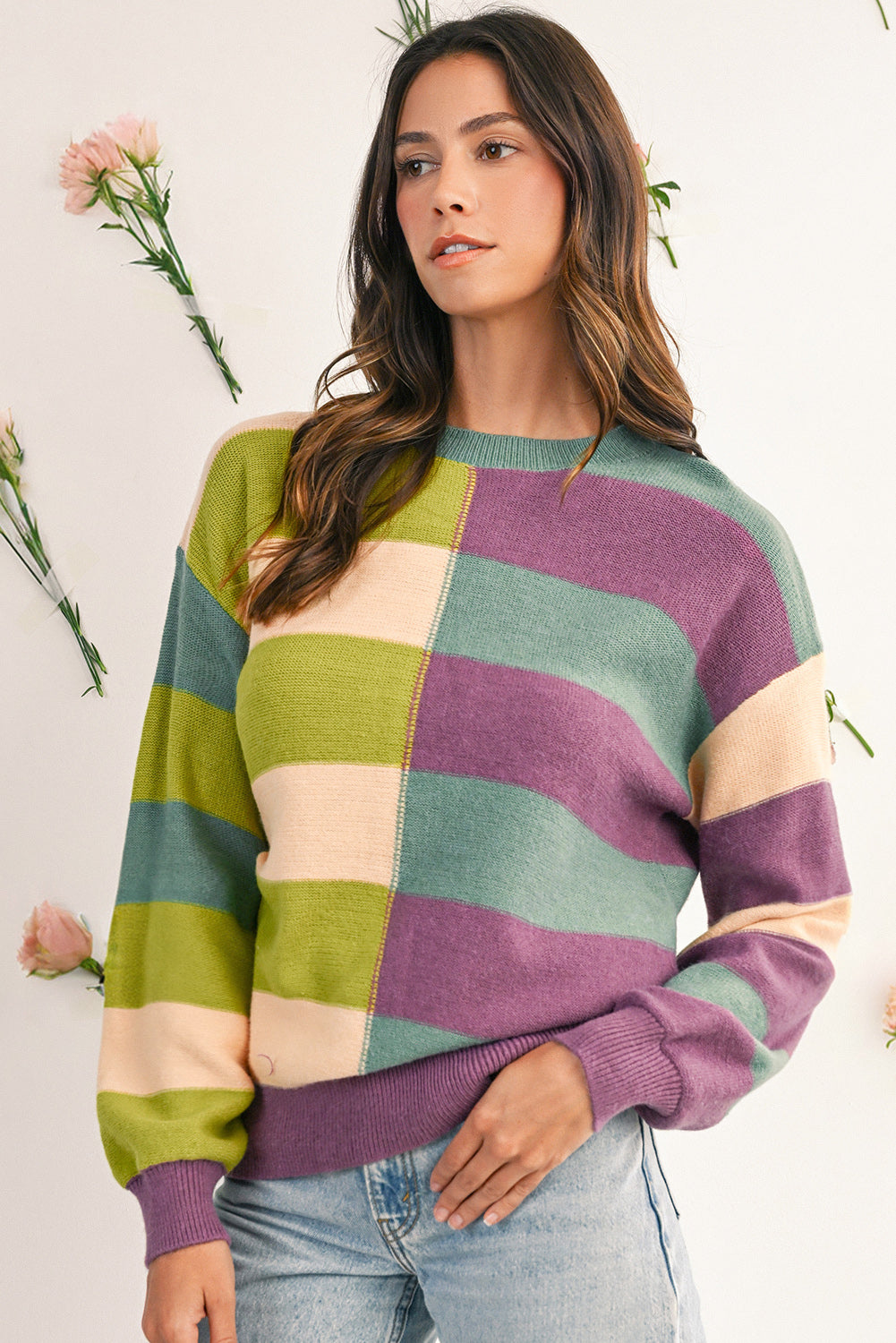 Green Stripe Colorblock Drop Shoulder Ribbed Edge Sweater Sweaters 6dea515739f598a0