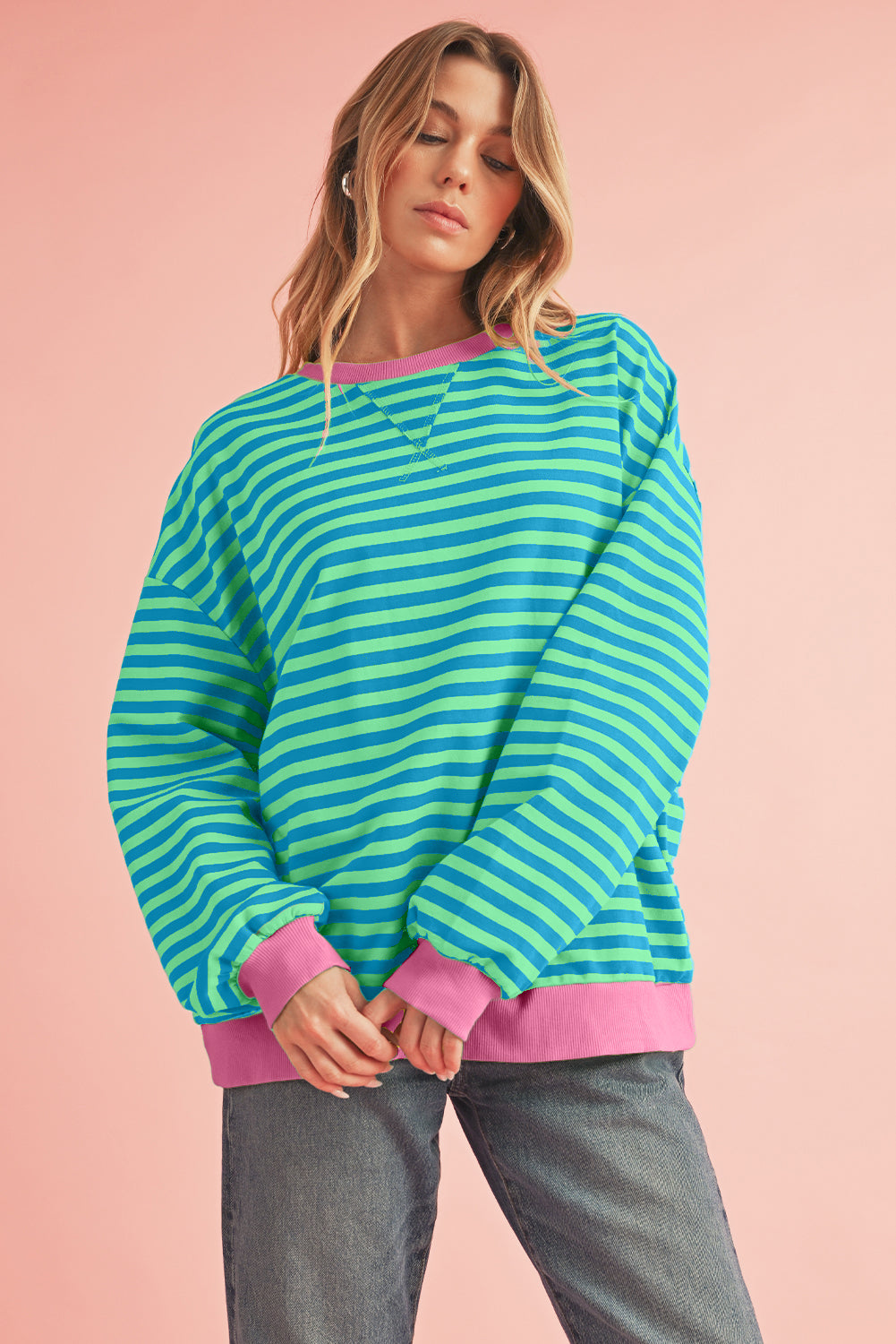 Blue Stripe Contrast Edge Cross Seam Oversized Pullover Sweatshirts & Hoodies 6e0705a68a9fe3e6