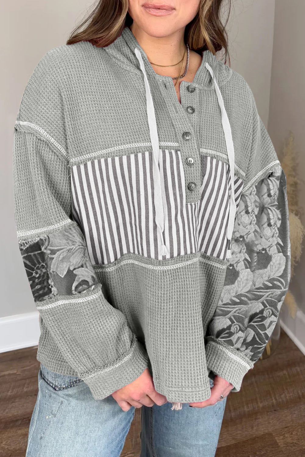 Gray Mixed Waffle Knit Patchwork Henley Plus Size Hoodie Plus Size Tops 6e47d163dbd128cc