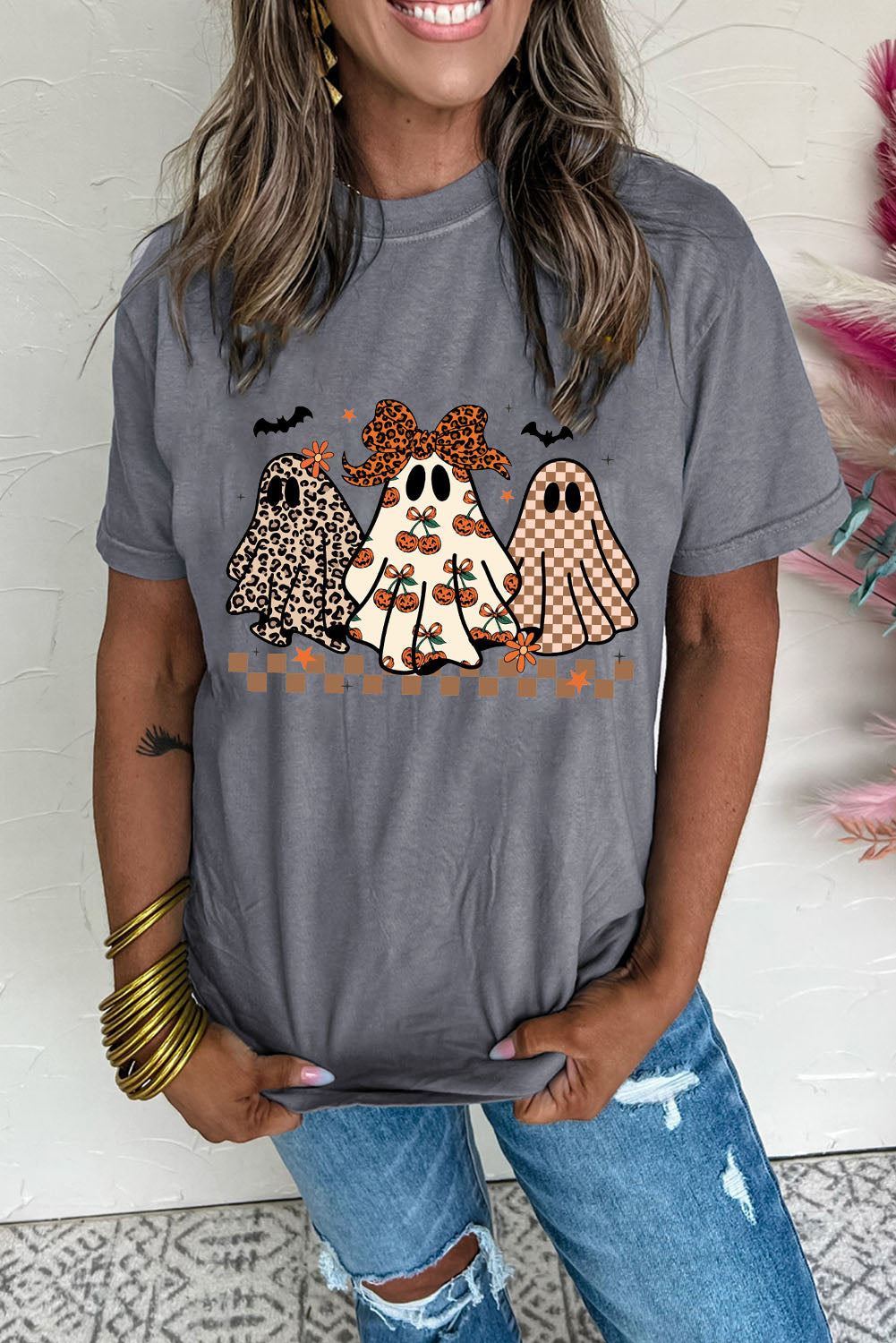 Gray Cute Halloween Ghost Heat Transfer Printing Casual Tee Graphic Tees 6e64f1afd90d1669