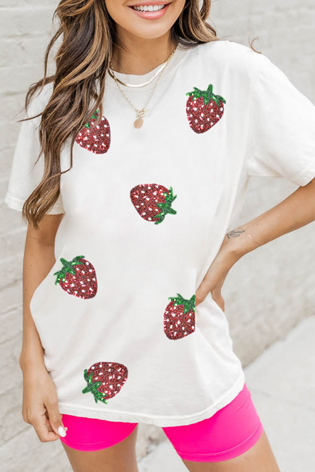 White Sequin Strawberry Patched Crew Neck T Shirt Graphic Tees 6e76eb664407c054