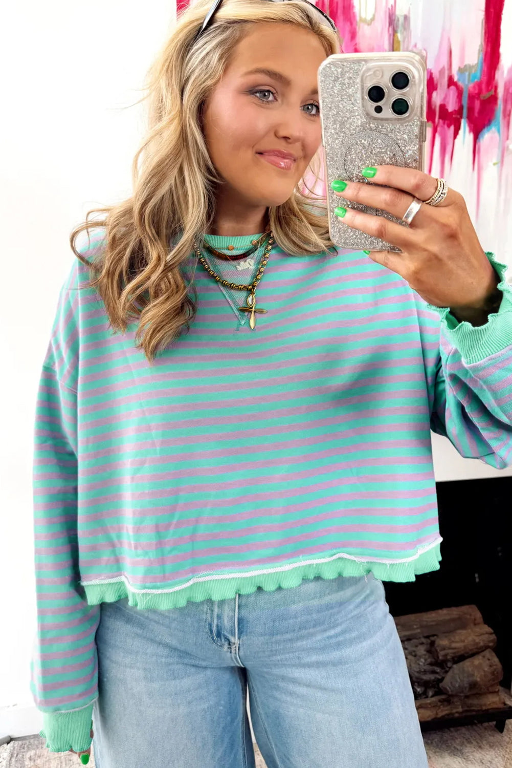 Green Stripe Exposed Seam Contrast Ribbed Trim Oversize Sweatshirt Sweatshirts & Hoodies 6ec5dcf6ac56430f