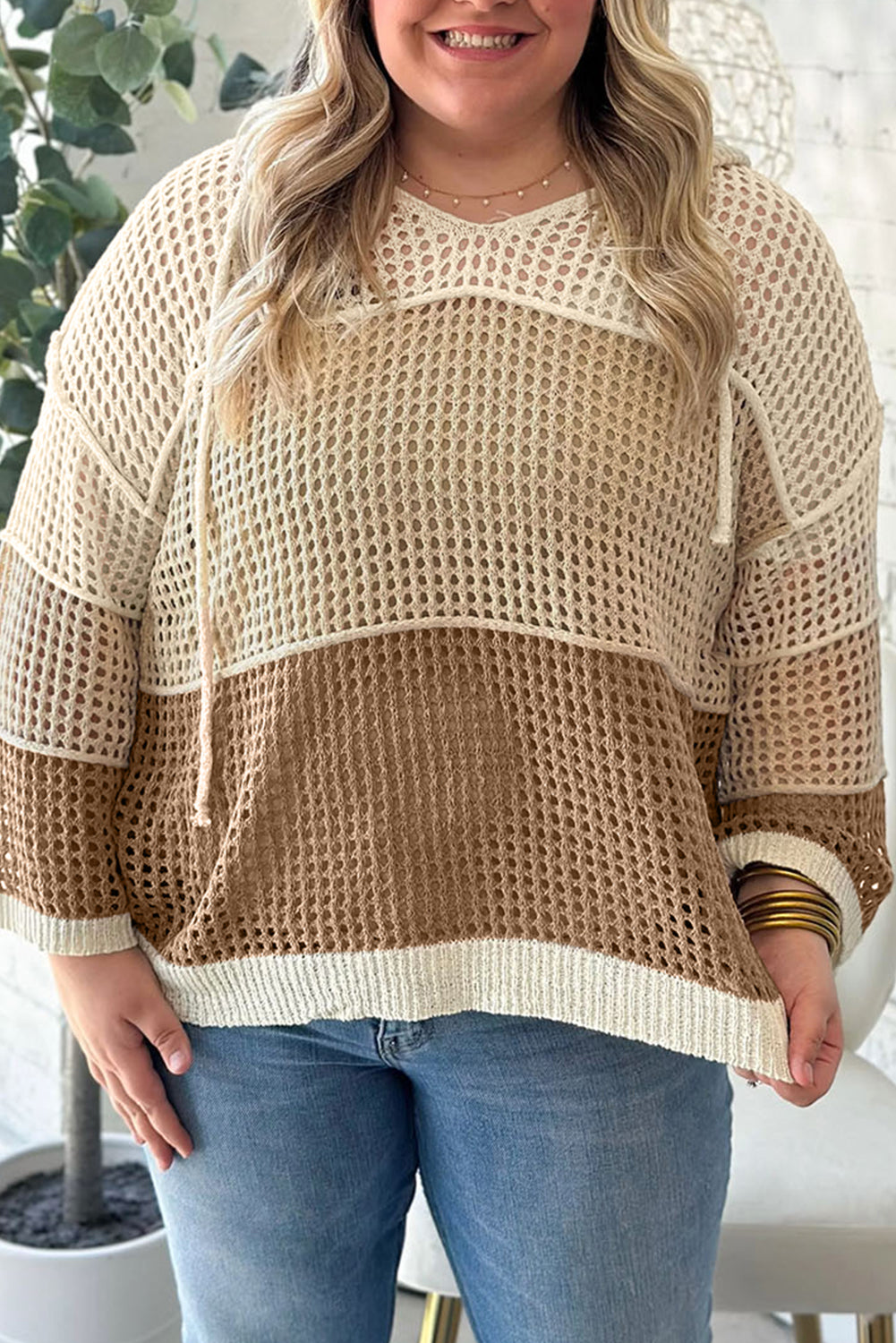 Parchment Colorblock Hollowed Knit Plus Size Hooded Jumper Sweater Plus Size Sweaters & Cardigans 6efaf0af1f0346a9