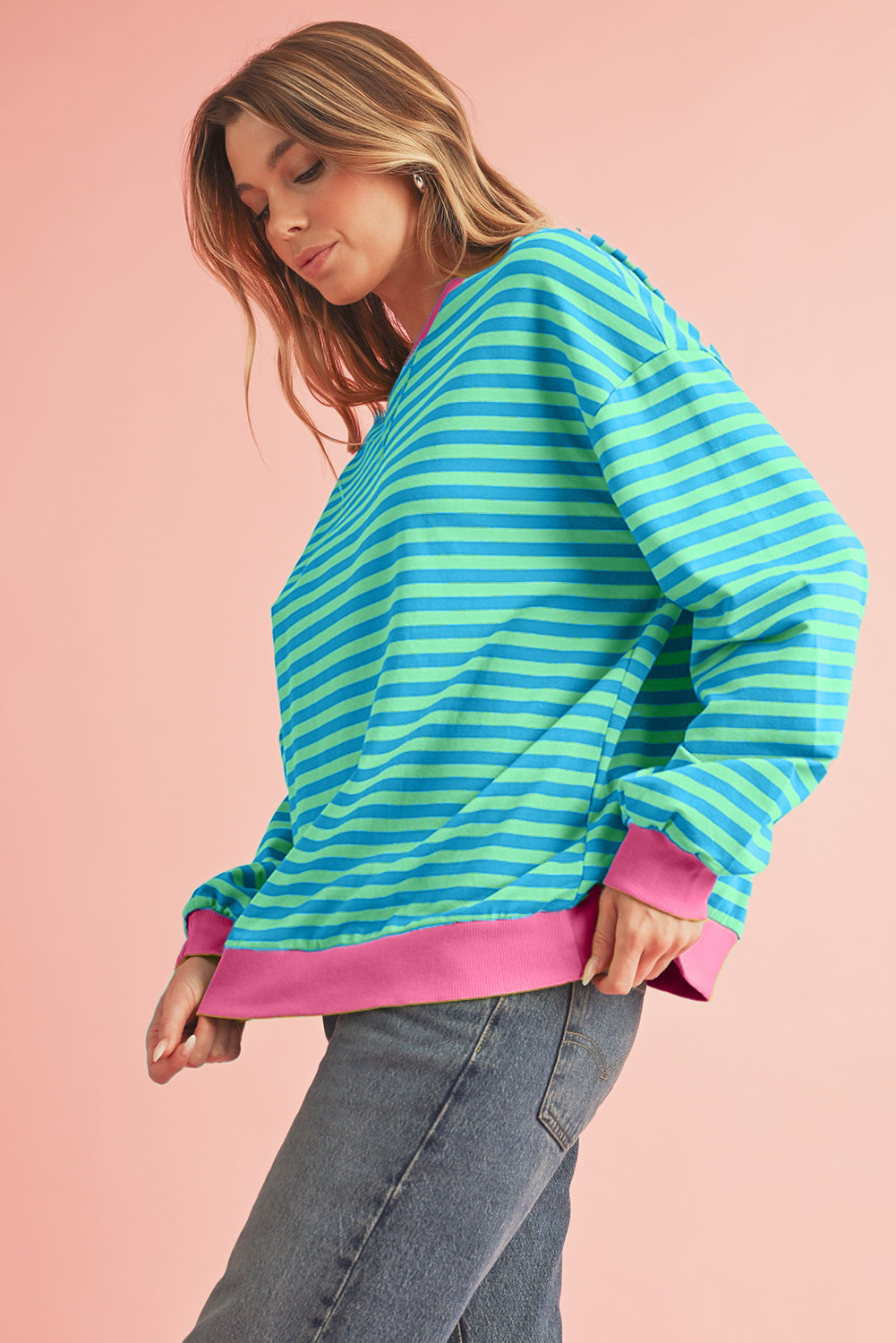 Blue Stripe Contrast Edge Cross Seam Oversized Pullover Sweatshirts & Hoodies 6f08f30b0906074d