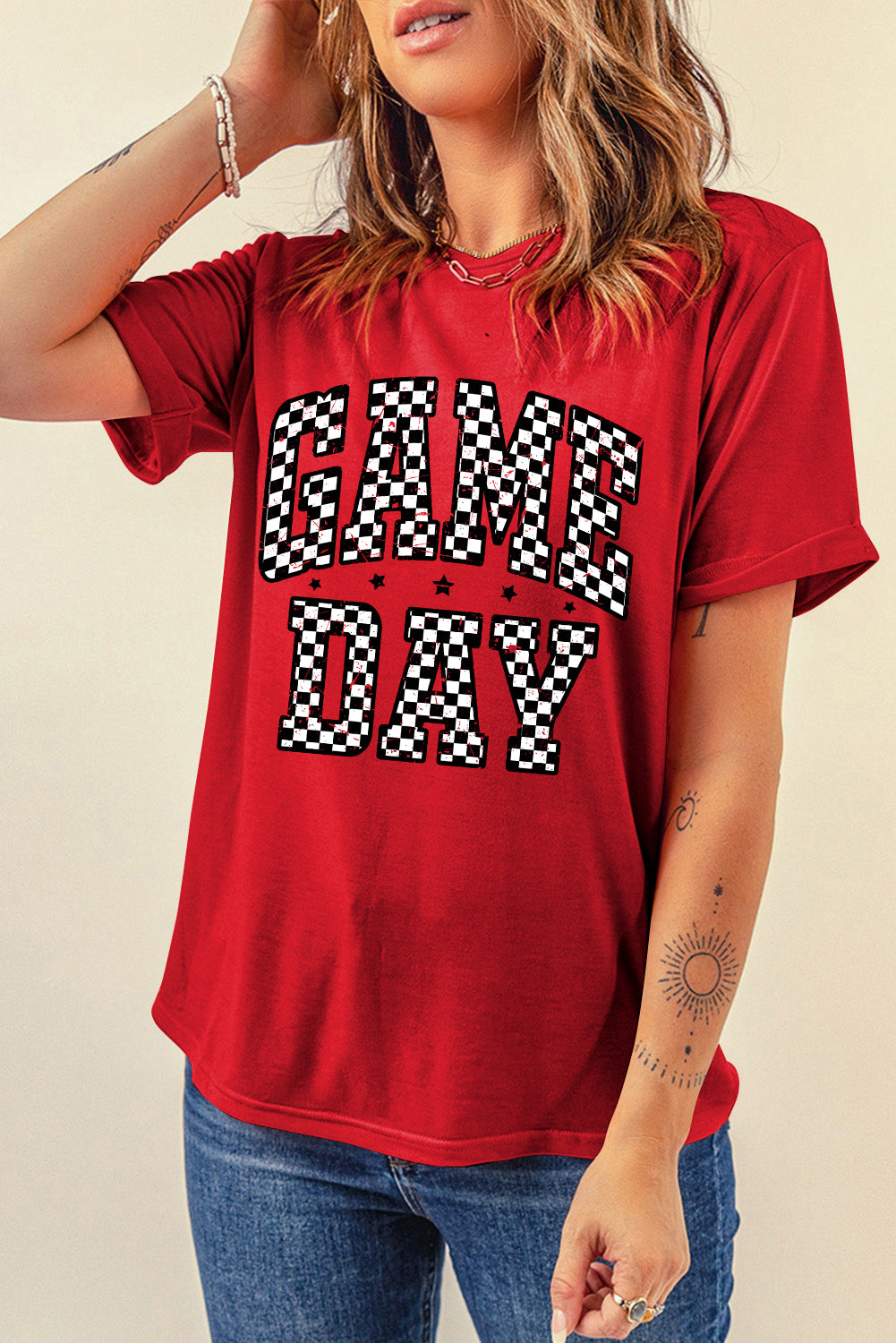 Red Checkered Game Day Heat Transfer Printing Graphic T Shirt Graphic Tees 6f160fcadad3528e