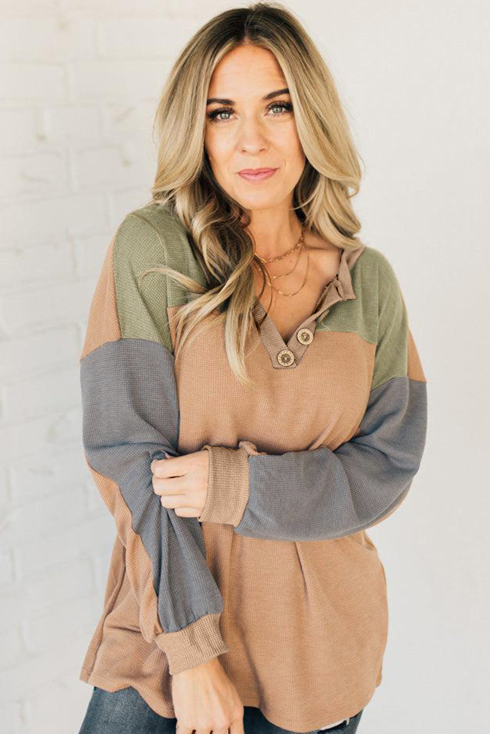 Buckskin Colorblock Thermal Waffle Knit Drop Shoulder Henley Top Long Sleeve Tops 6f7ae7a415d2d0ab