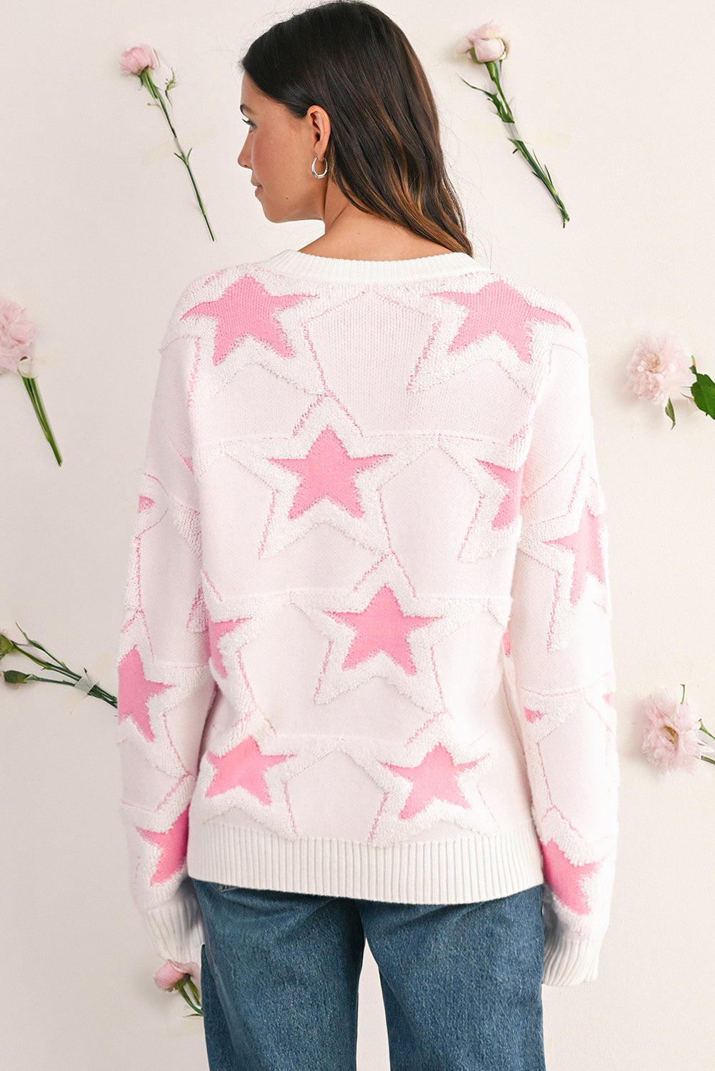 Sachet Pink Star Pattern Drop Sleeve Loose Sweater Sweaters 6fd7f7c0624b1735