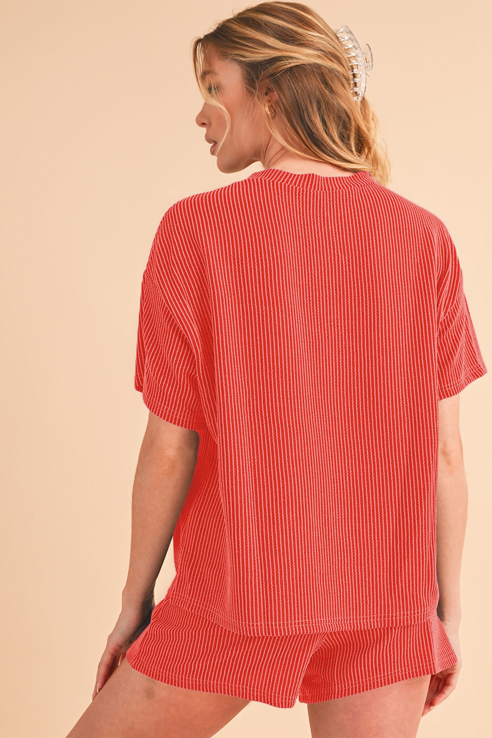 Orange Ribbed Textured Loose Fit Tee & Shorts Set Two Piece Shorts Sets 6fed1e0ec7e1d477