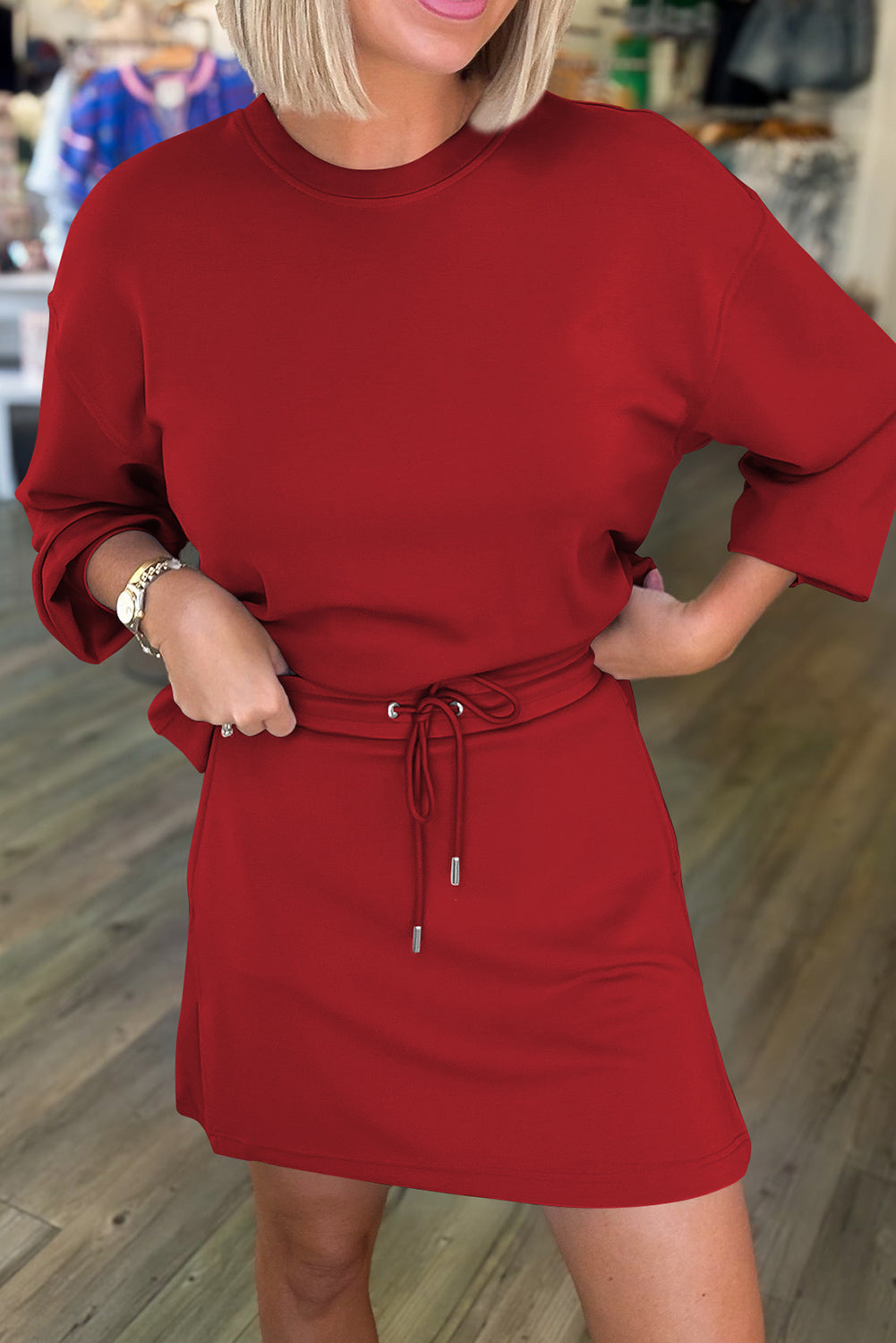 Racing Red Solid Color Drop Shoulder Pullover Drawstring Mini Skirt Set Two Piece Skirt Sets 702df7ca289efbb4