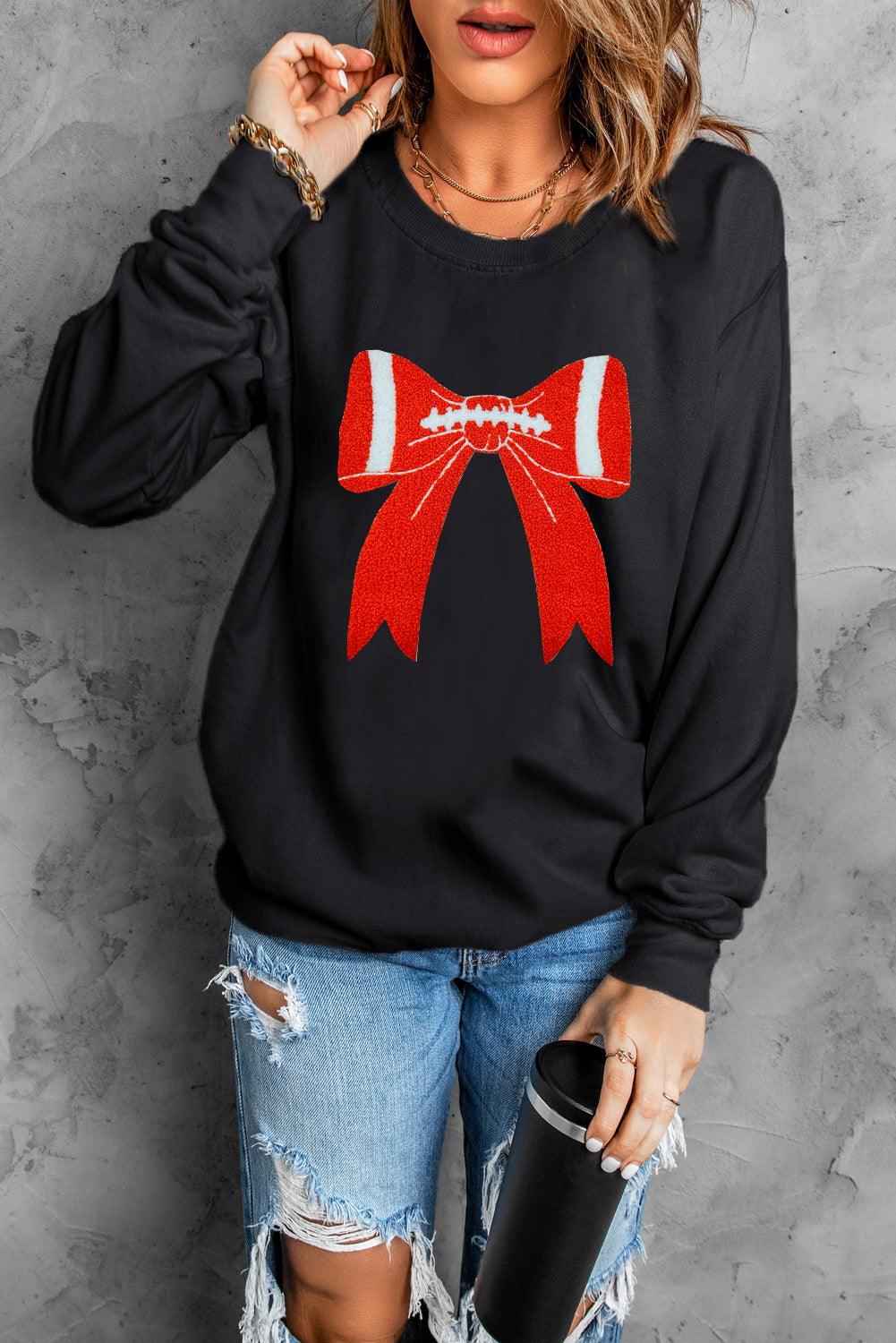 Black Game Day Chenille Bow Terry Flocking Drop Shoulder Sweatshirt Graphic Tees 70832742a4b40a98