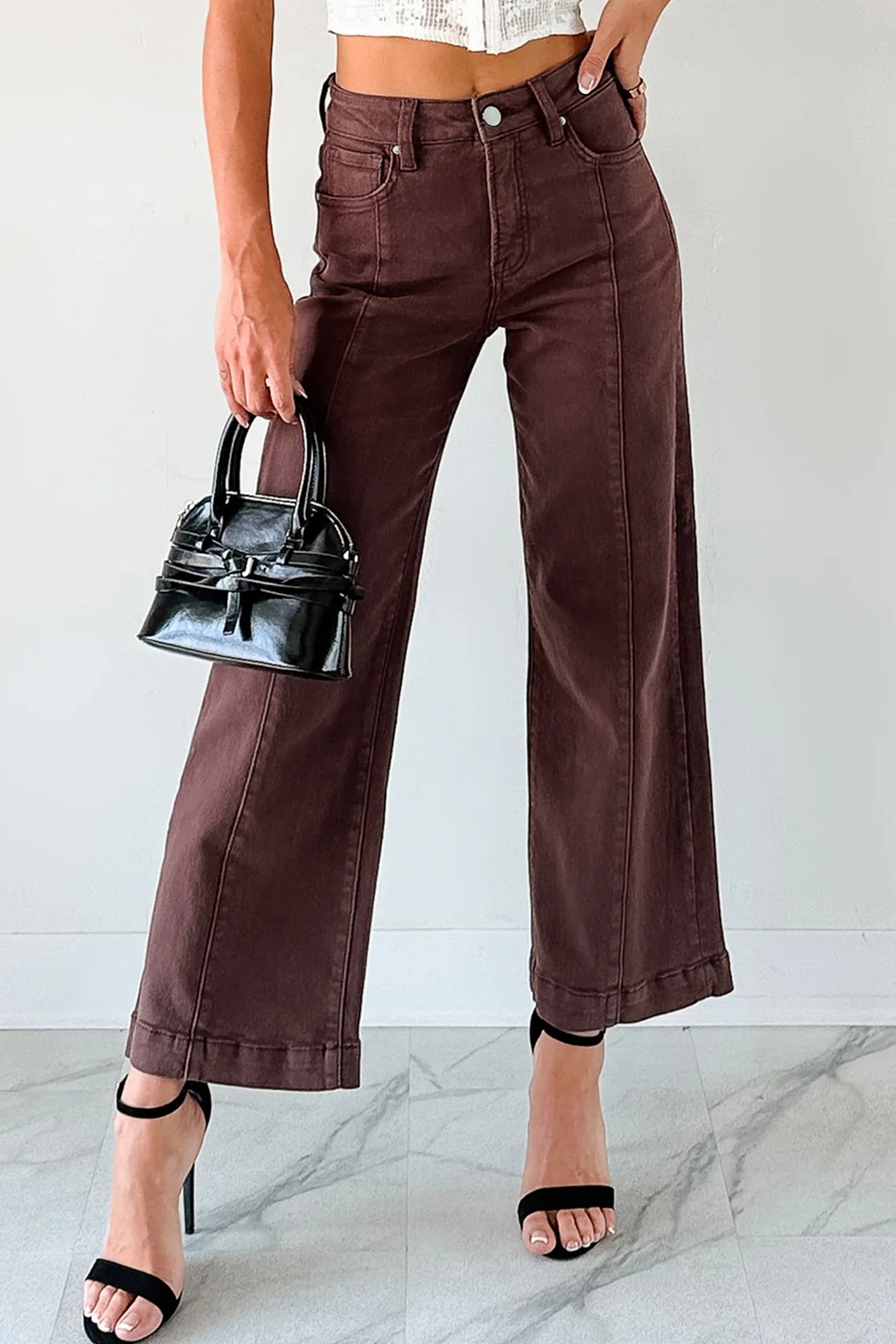 Red Sandalwood Solid Color Seamed Center Wide Leg Cropped Jeans Jeans 708e5bfcfb9cbc30