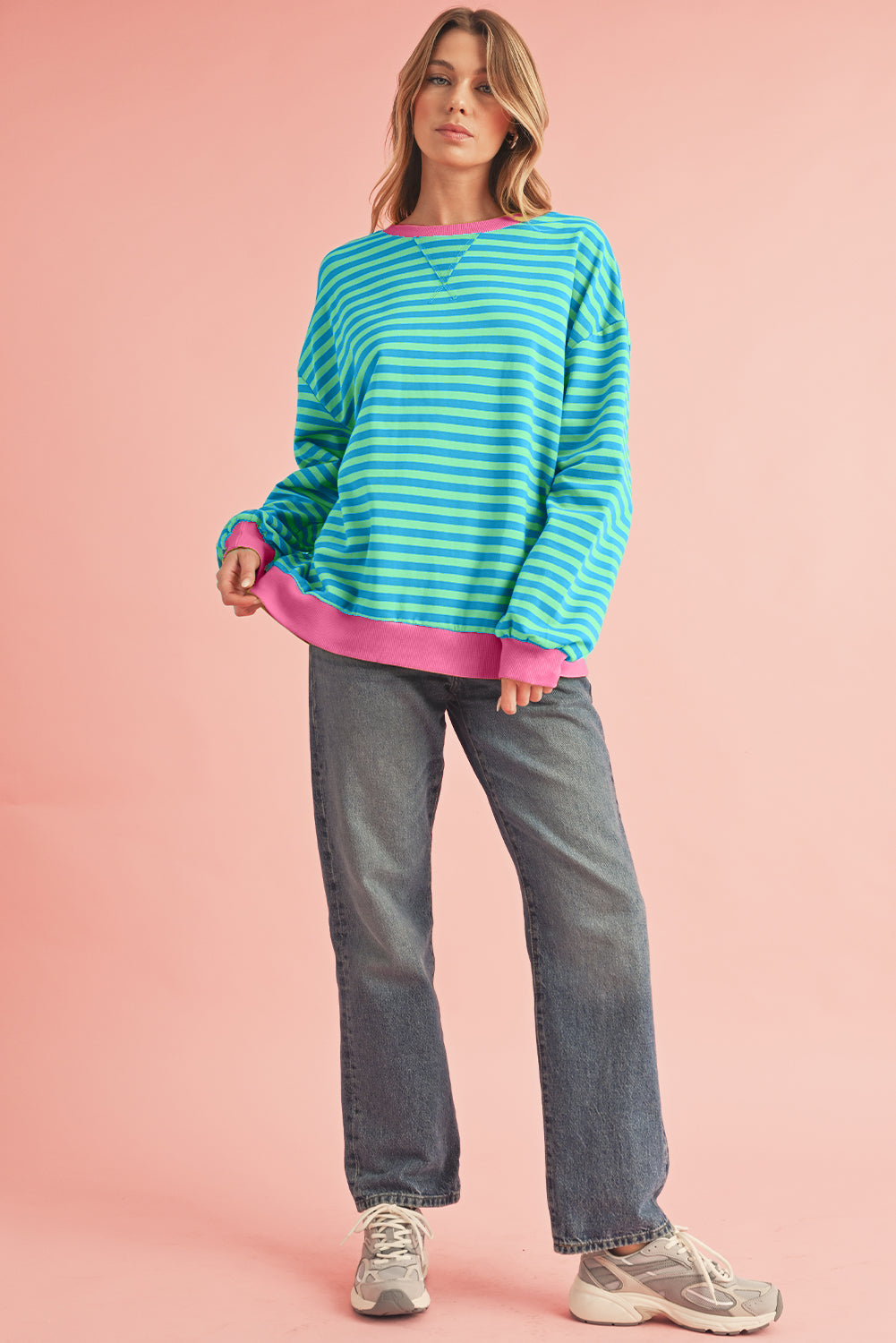 Blue Stripe Contrast Edge Cross Seam Oversized Pullover Sweatshirts & Hoodies 70919fb1716cf834