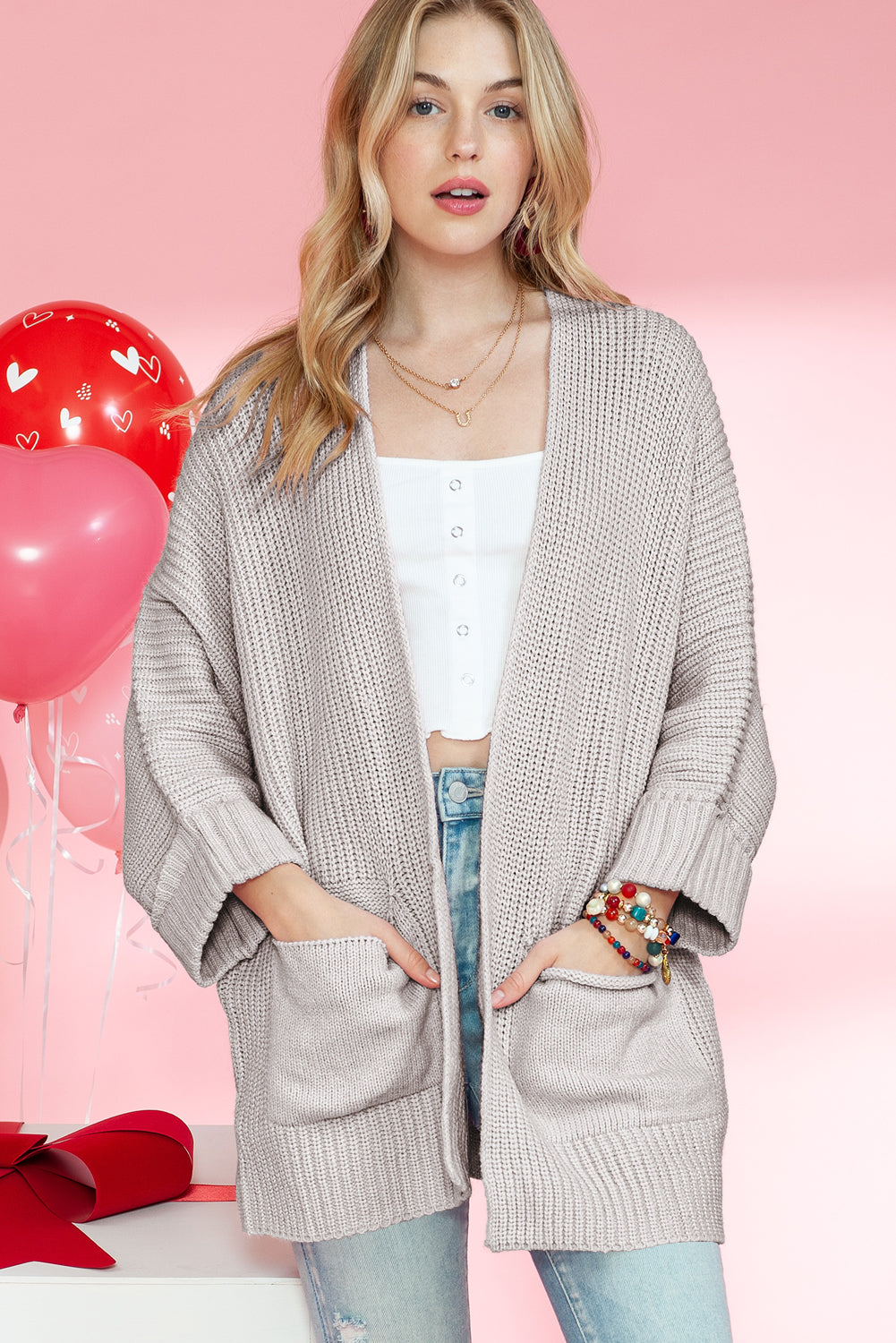 Gray Batwing Sleeve Pocket Oversized Cable Knit Cardigan Cardigans 7097919acb362a05