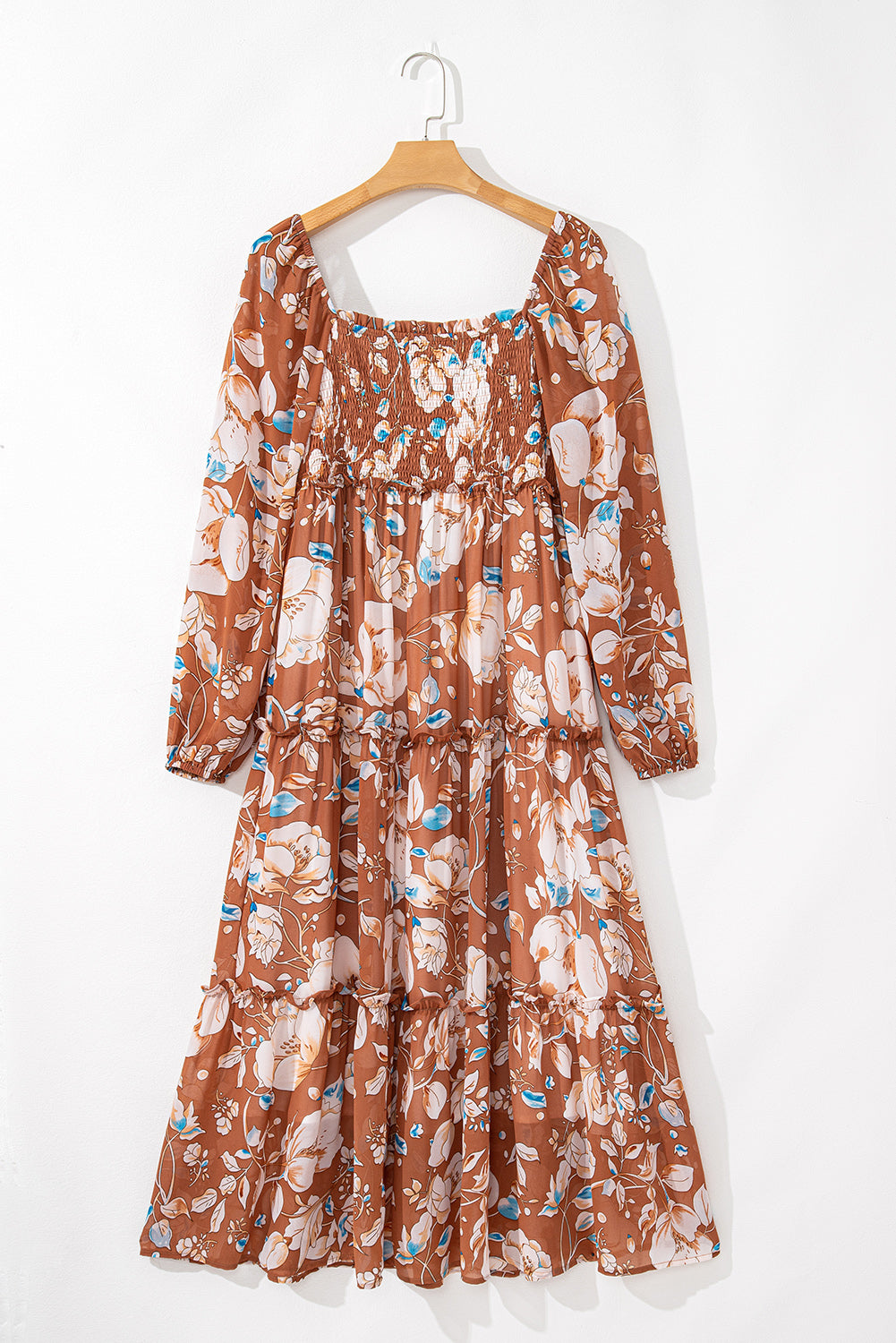 Brown Floral Print Shirred Square Neck High Waist Maxi Dress Maxi Dresses 709c182b329b2e57