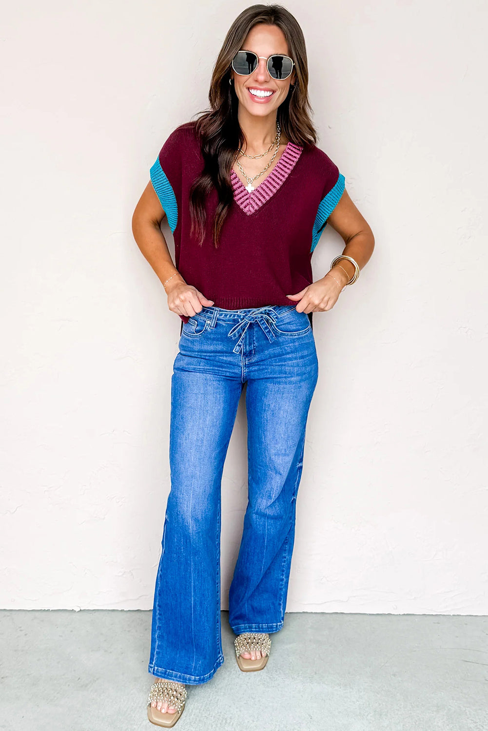 Burgundy Contrast Trim V Neck Cuffed Short Sleeve Loose Sweater Short Sleeve Sweater 70c0376380db814e