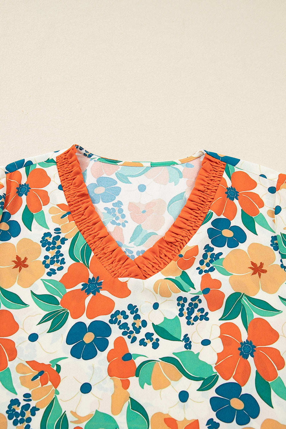 Orange Frilled V Neck Floral Print Bracelet Sleeve Blouse Blouses 70f35d1a4b1db90a