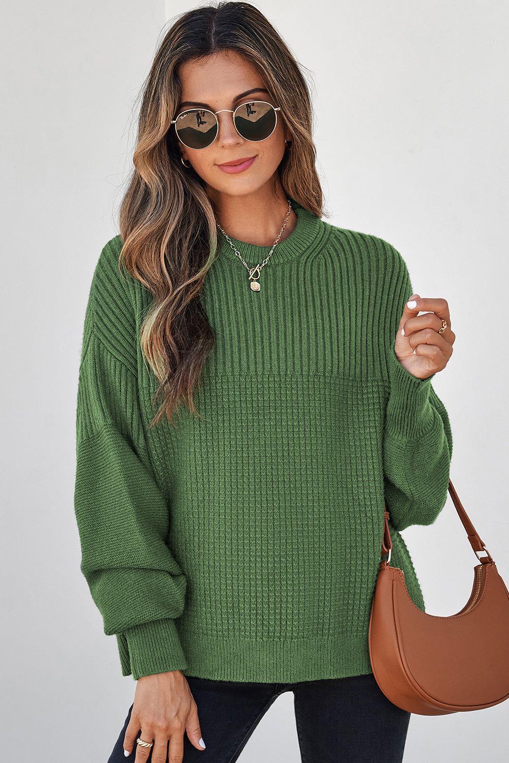 Vineyard Green Solid Color Mixed Textured Knitted Crew Neck Sweater Sweaters 7112d582c4ab4a0c