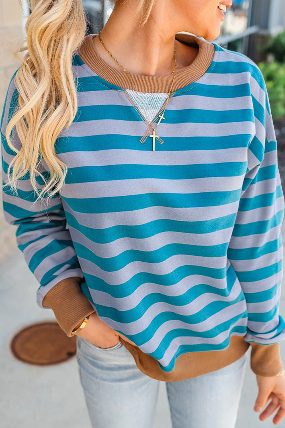 Sky Blue Stripe Contrast Color Ribbed Trim Round Neck Drop Shoulder Sweatshirt Sweatshirts & Hoodies 71454bc8d02d9f85