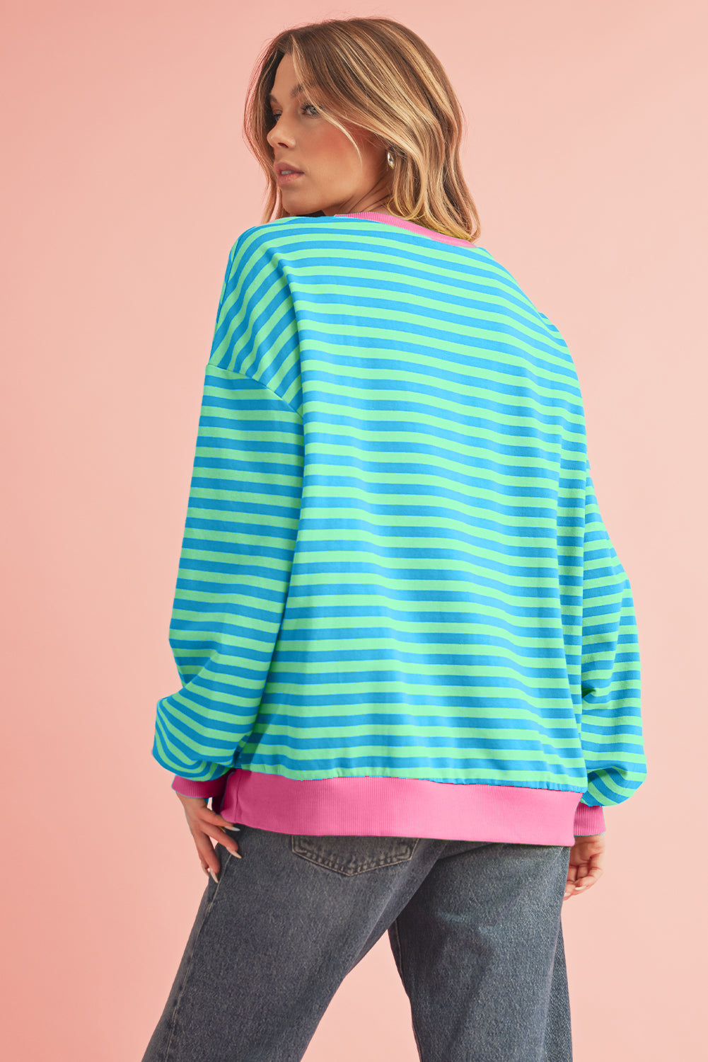 Blue Stripe Contrast Edge Cross Seam Oversized Pullover Sweatshirts & Hoodies 721b72bc34e44176