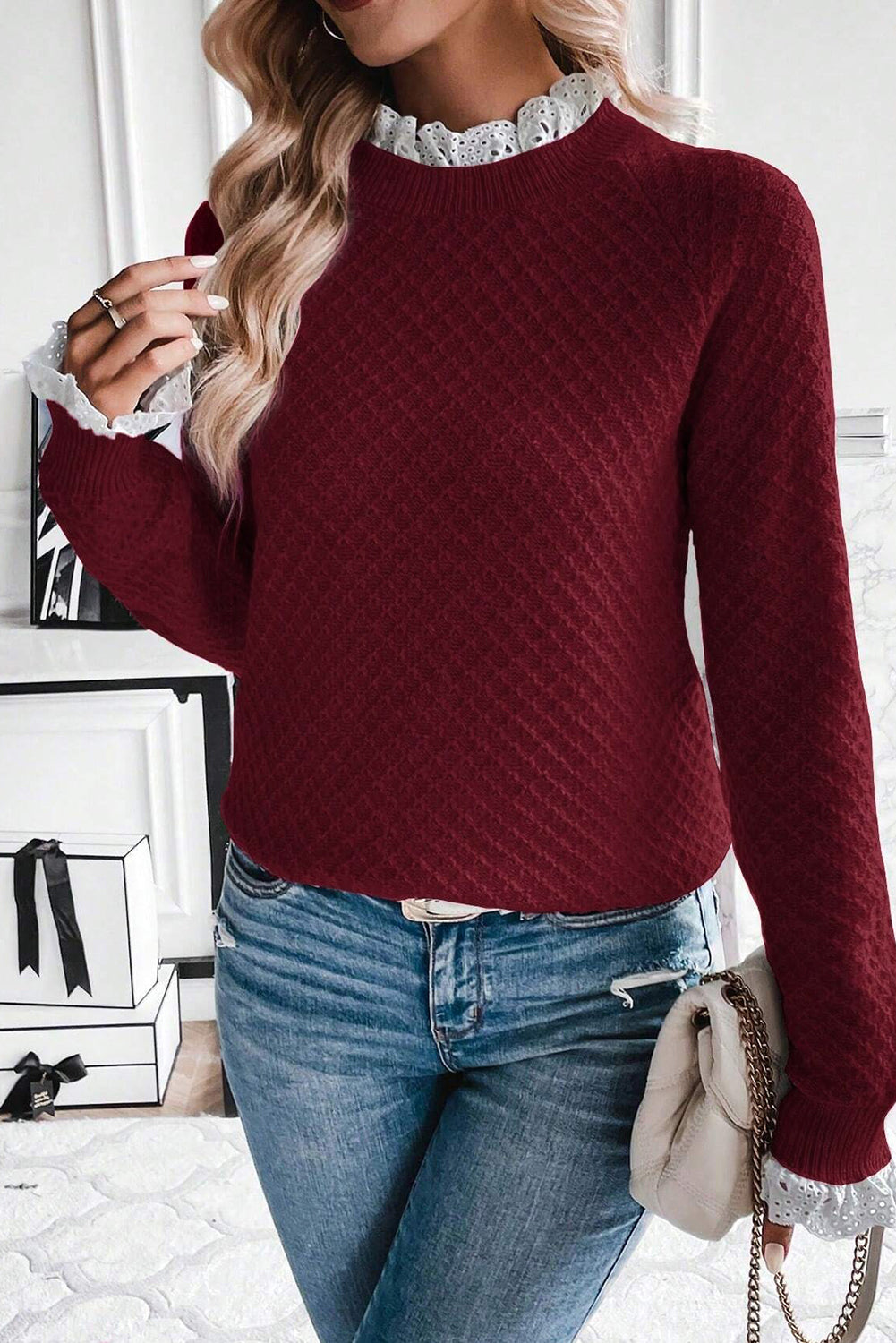 Burgundy Contrast Lace Frill Trim Raglan Sleeve Sweater Sweaters 72428ec163d7a0cc