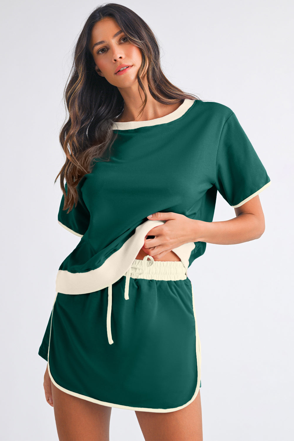 Evergreen Colorblock Edge Drop Shoulder T Shirt and Skort Set Two Piece Shorts Sets 724fce237adacd15