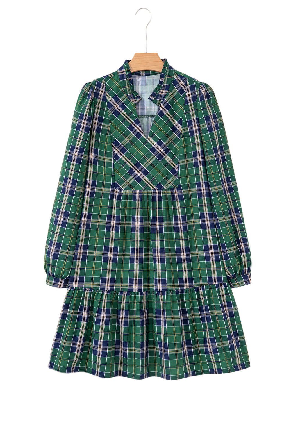 Green Plaid Print Frill Neck Long Sleeve Mini Dress Short Dresses 727370e608dacb00