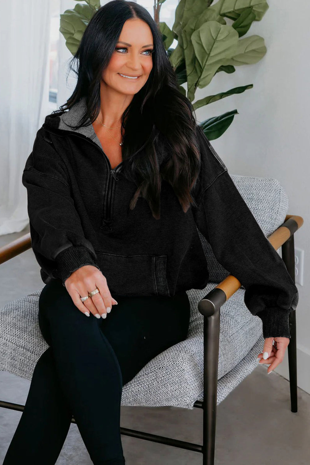 Black Half Zip Kangaroo Pocket Mineral Wash Baggy Hoodie Sweatshirts & Hoodies 7283659af991f13e