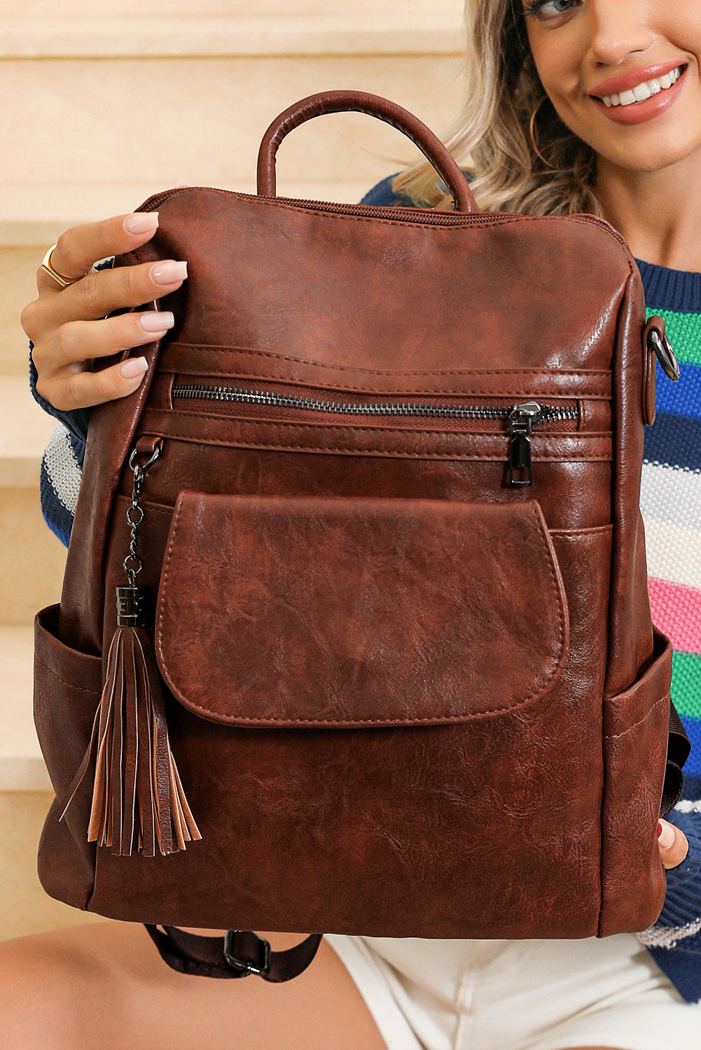 Dark Brown Tassel Decor Retro PU Large Capacity Backpack Backpacks 72883610b21bac51