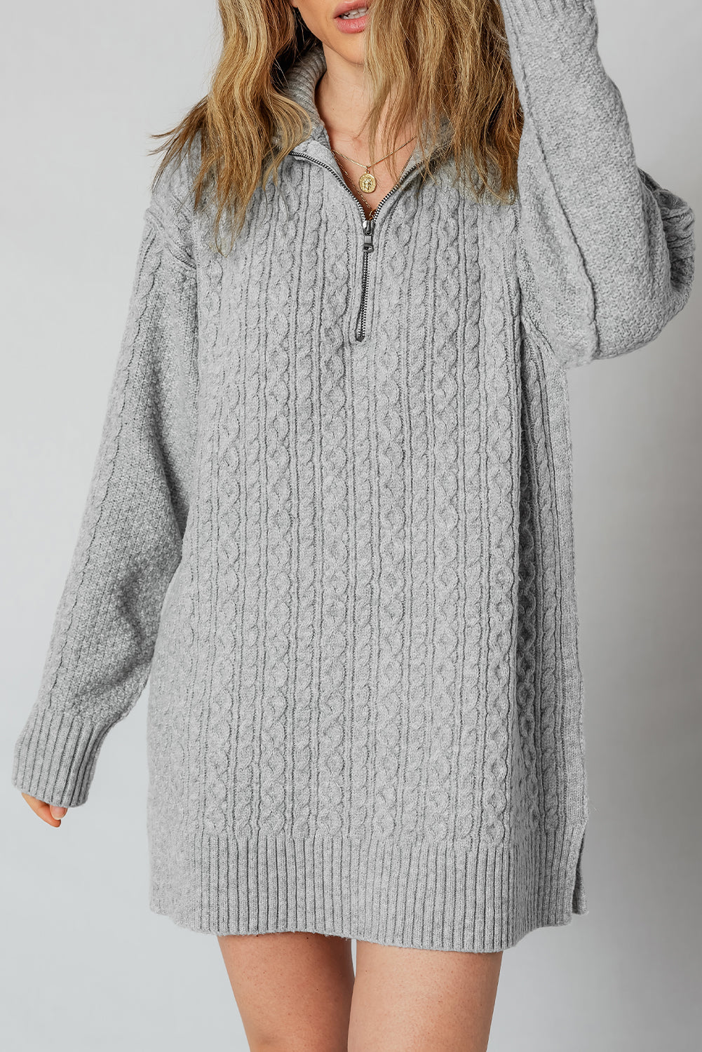 High-rise Quarter Zip Ribbed Trim Cable Knit Loose Sweater Dress Sweater Dresses 728c4ad5cf51c46a