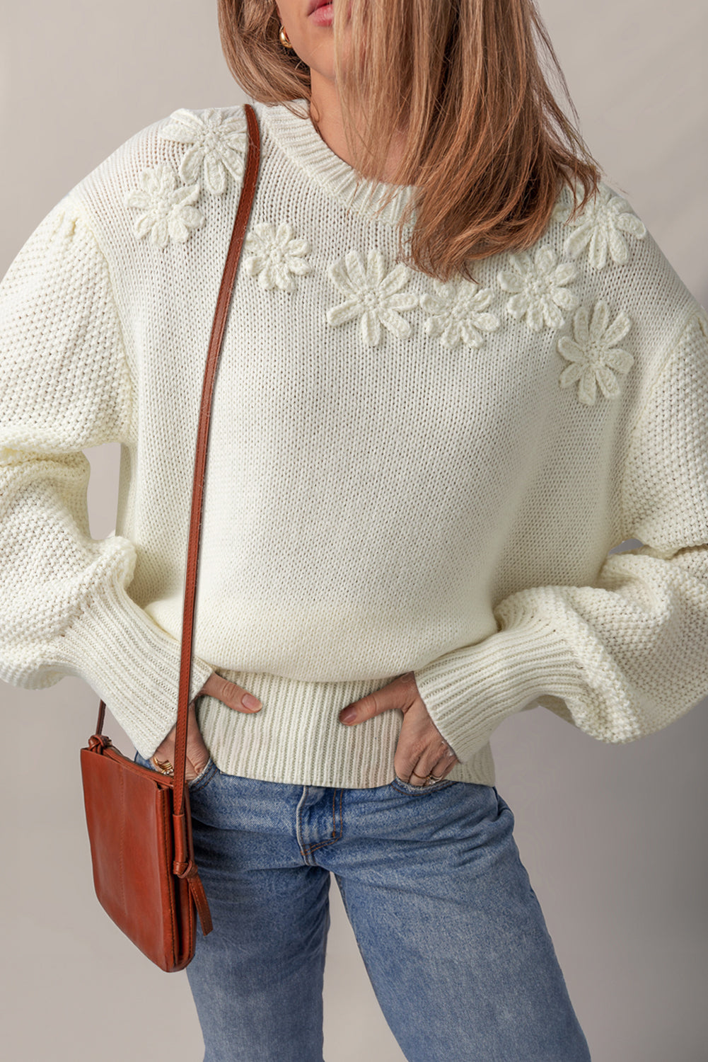 White Flower Detail Round Neck Contrast Textured Puff Sleeve Sweater Sweaters 72d5b8ac50f4286b
