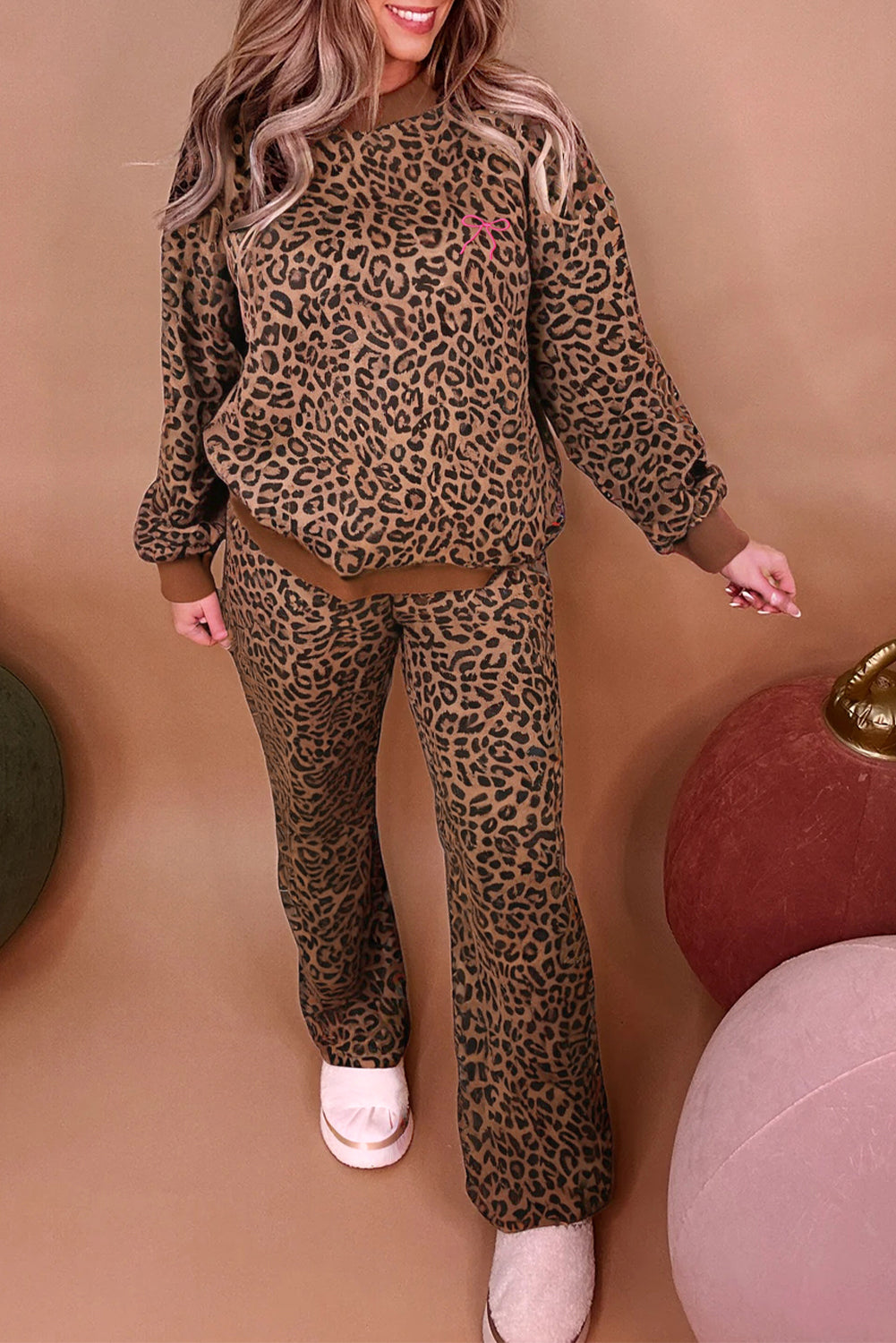 Coffee Allover Leopard Print Contrast Trim Long Sleeve Top and Pants Set Two Piece Pants Sets 73372b66ce7ea403