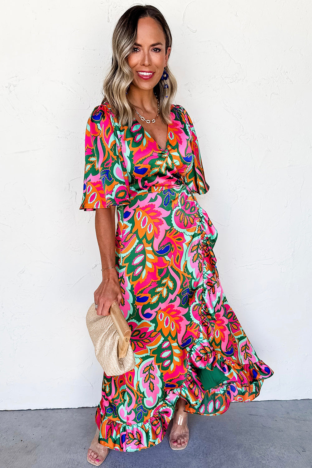 Rose Tropical Plant Print Surplice V Neck Ruffle Hem Maxi Dress Maxi Dresses 736f5215c8f82063