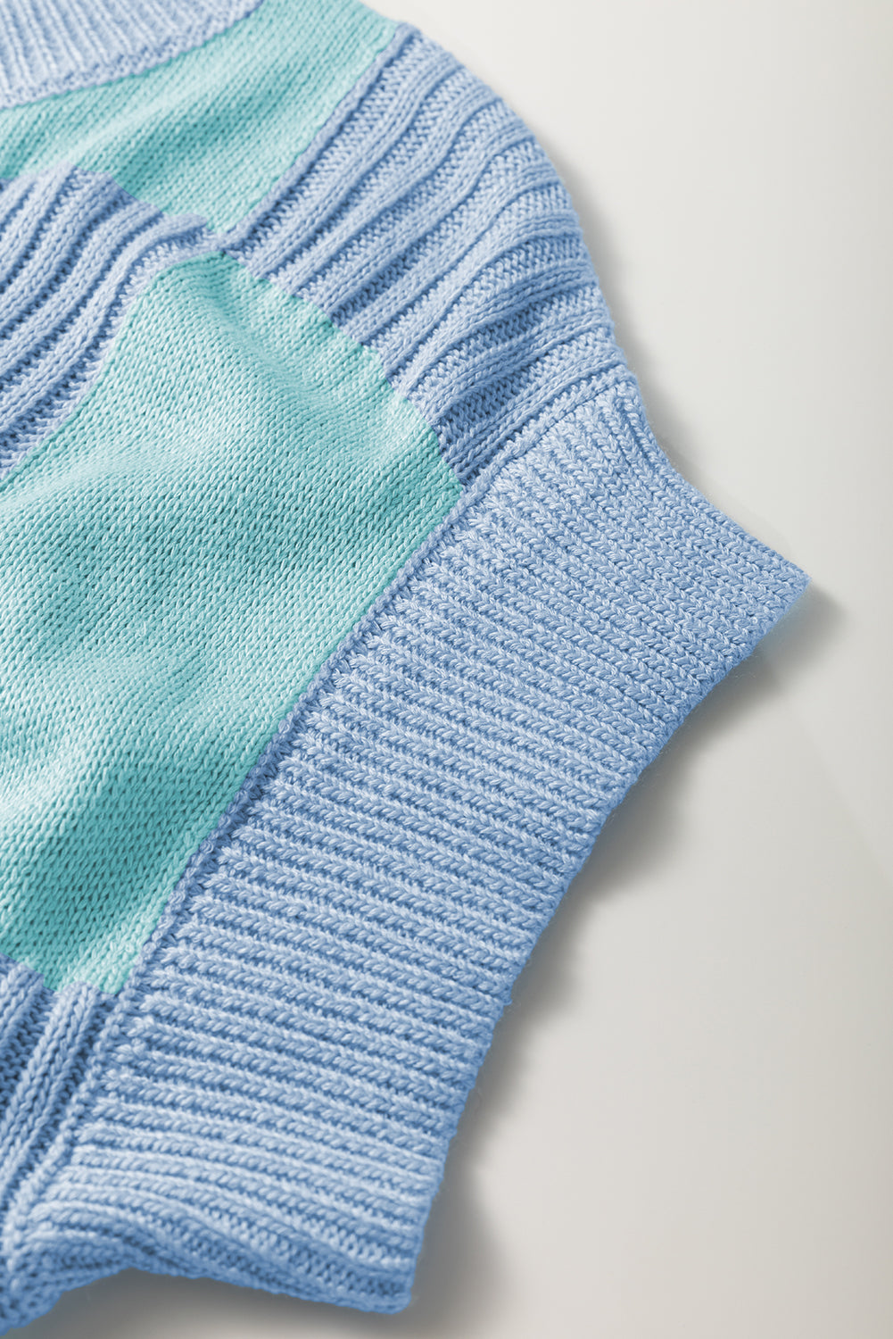 Light Blue Checkered Color Block Crew Neck Short Sleeve Sweater Short Sleeve Sweater 737f5c4caedb443e