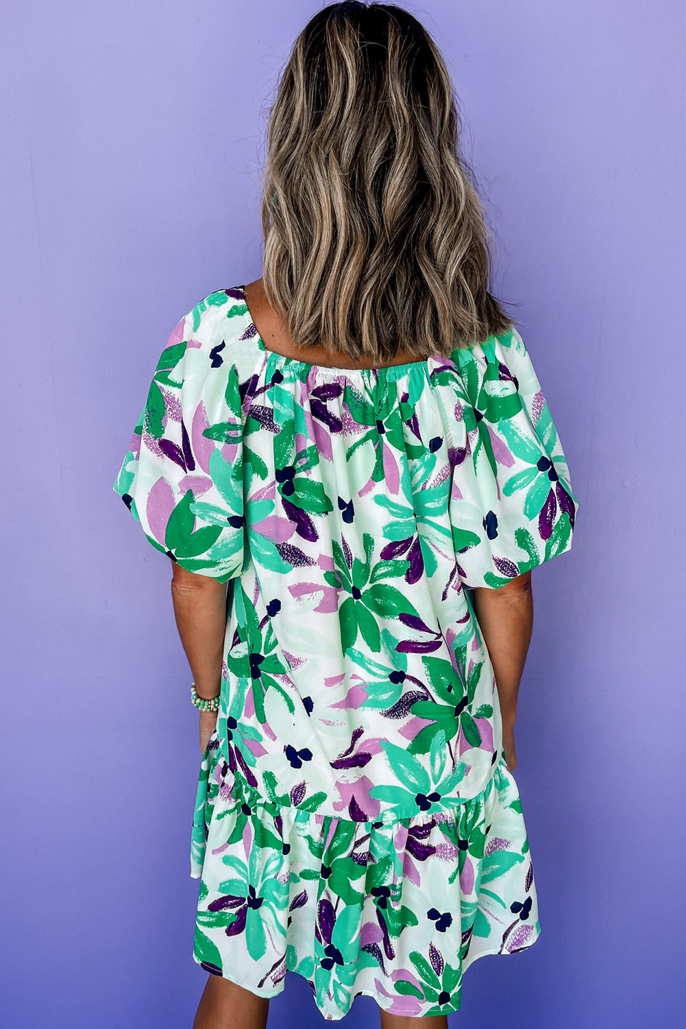 Green Floral Print Shirred Square Neck Loose Fit Mini Dress Short Dresses 73bd2fe46da07bc4