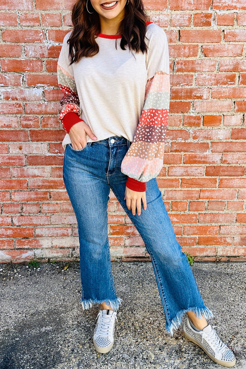 Contrast Leopard Color Block Sleeve Loose Pullover Long Sleeve Tops 73bdba2dd54a9d78