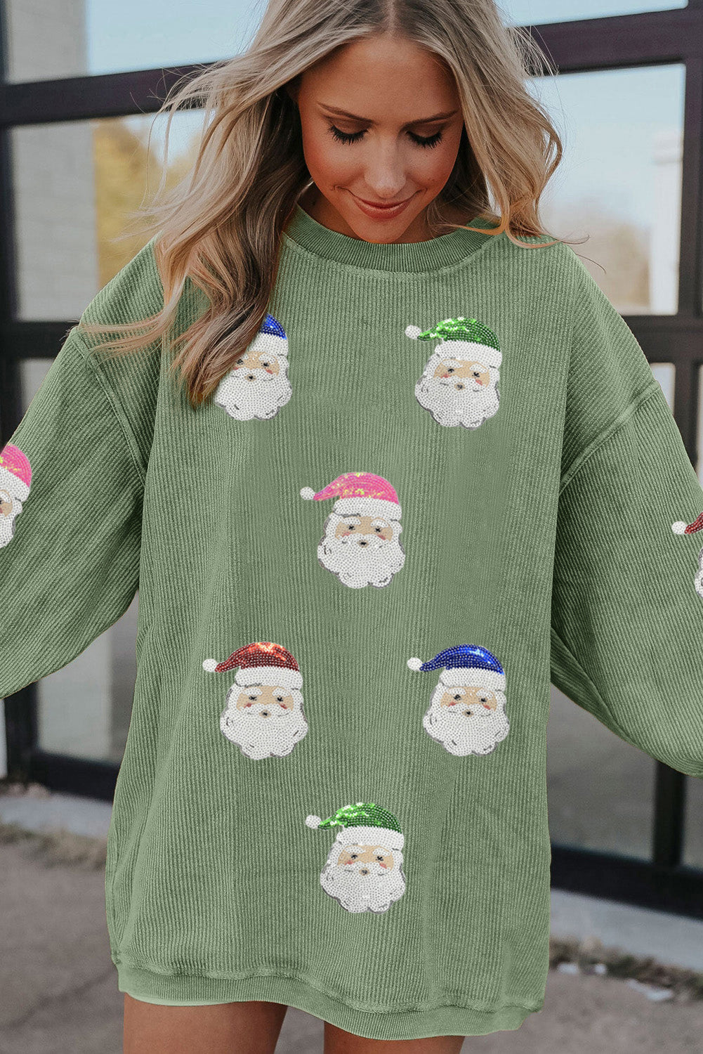 Grass Green Corded Ribbed Santa Claus Graphic Sequins Patch Sweatshirt Graphic Sweatshirts 73d3896178eb42a8