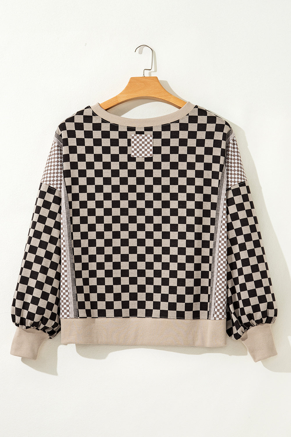Khaki Mixed Checkered Pattern Patchwork High Low Casual Top Long Sleeve Tops 7402fc0e57030569